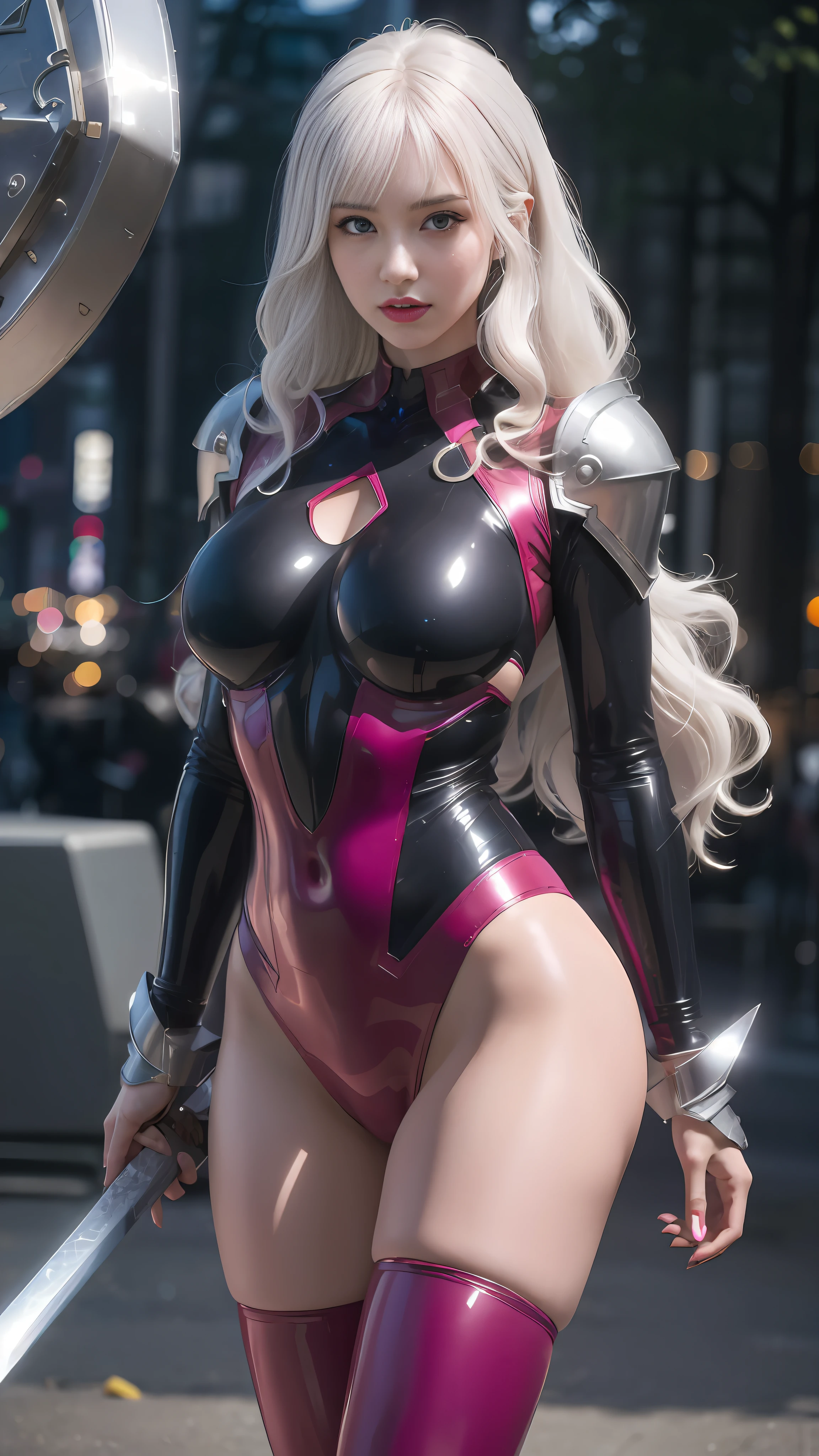 a close up of a woman in a latex outfit holding a sword, biomechanical oppai, anime character; full body art, oppai cyberpunk, gynoid cyborg body, girl in mecha cyber armor, anime girl cosplay, slick pink armor, perfect anime cyborg woman, shiny plastic armor, 8k artgerm bokeh, female cyberpunk anime girl