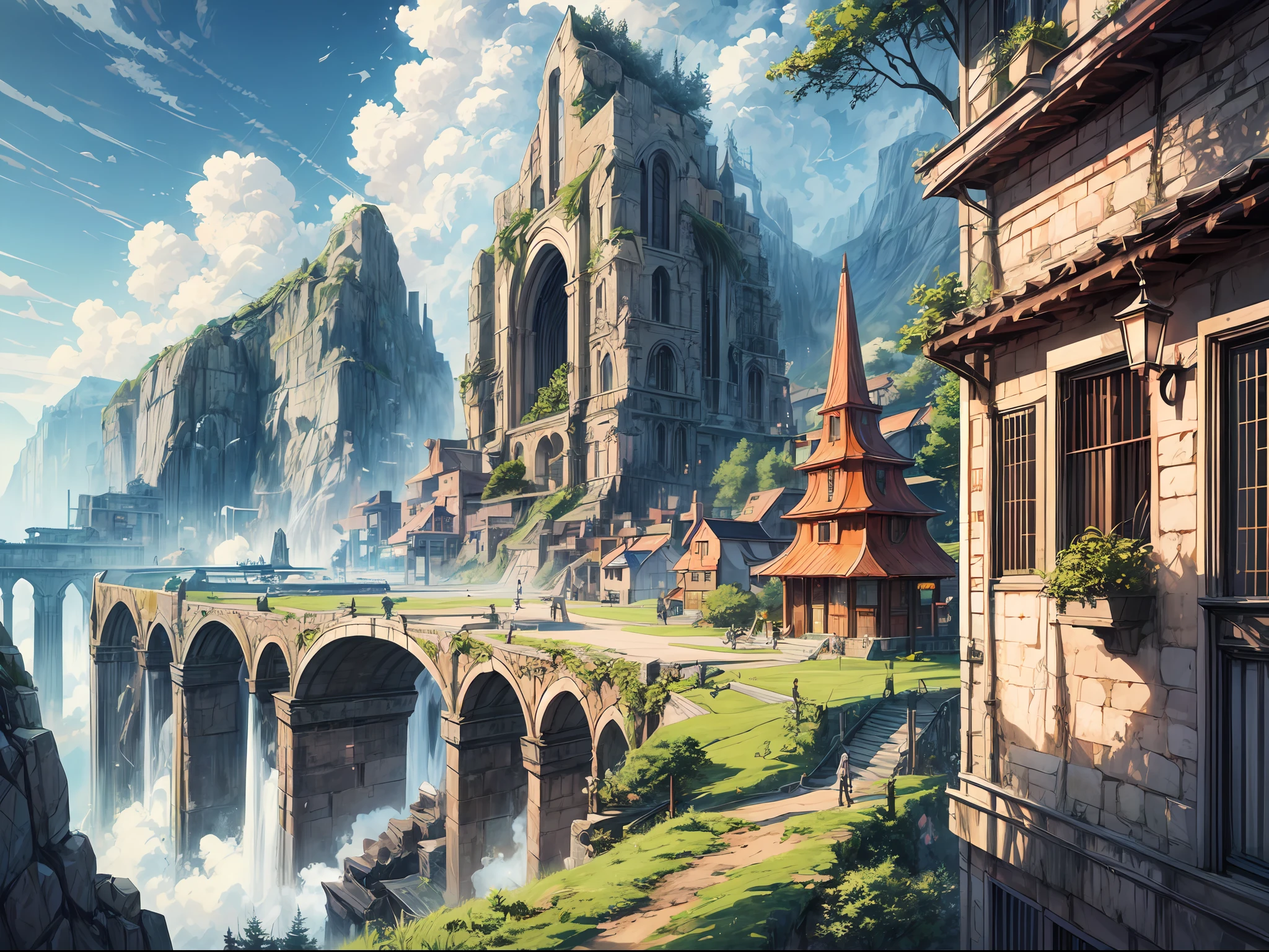 Create a visually striking and one-of-a-kind anime landscape poster in a vibrant candy-inspired style, infusing elements of gfx design and graphic design.,intricate detail,complex landscape