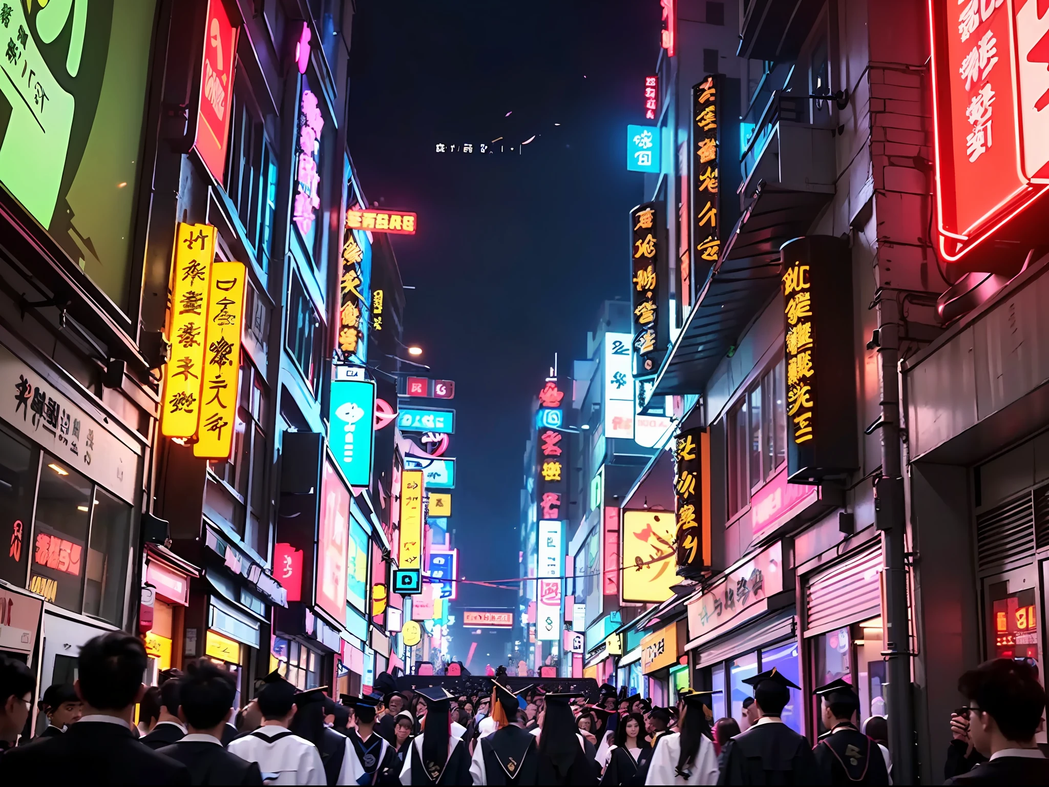 ((Masterpiece), (Best Quality), 8K, High Detail, Ultra Detail), (Graduation Season, Youth Vitality, Graduate, A Boy, A Girl, A Group of Classmates Standing Behind, Cyberhanfu, Wano Style, Step into the Future World, Cyberpunk, Smart Age), Neon Flashing Cityscape, Hologram Display, Advanced Technology
