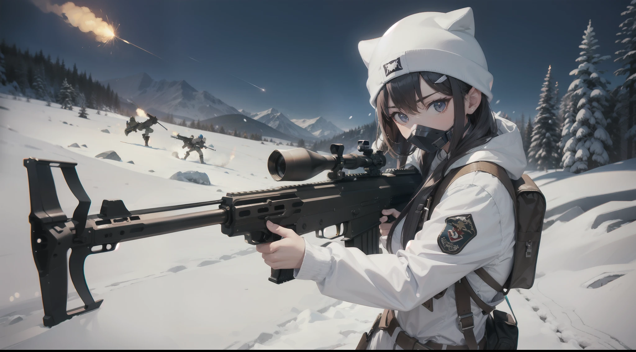 assault rifle, battle girl, snow mountain, white clothes, muzzle flash