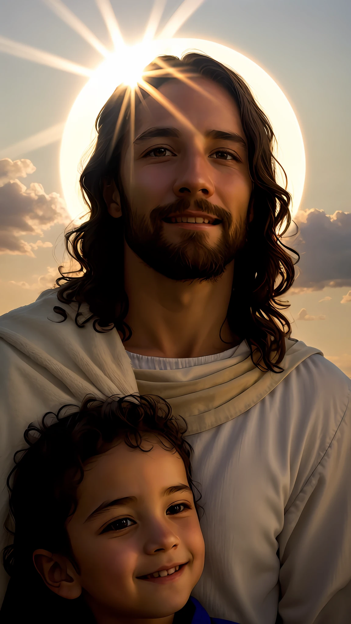 add_detail:1, realistic image of Jesus Christ smiling with a child, add_detail:light and distant coming from heaven above the head, cinematic light