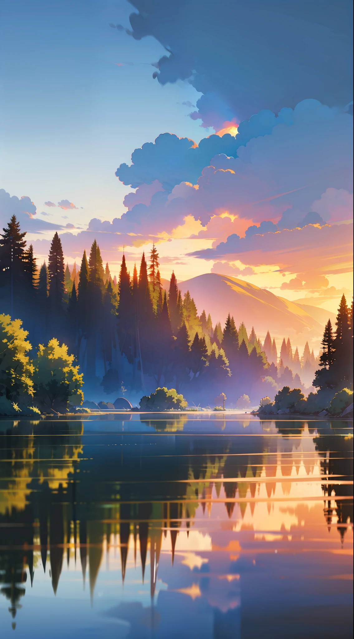 wallpaper, summer, lake, dawn, forest, detailed forest, clouds, masterpiece, cinematic, soft light, depth of field, ray tracing, reflection in water, realism, ulra detailed,