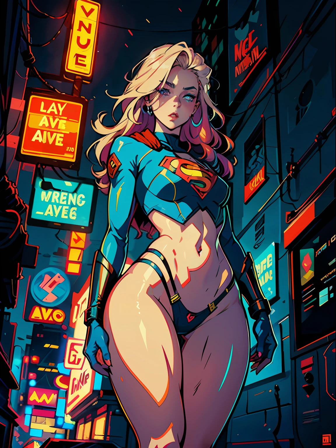 a digital painting of long-haired supergirl, cyberpunk art by Josan Gonzalez, winner of the behance contest, afrofuturism, synthwave, neon, shiny neon, thick thighs, thin waist, sensual, nsfw, little clothing, erotic art, anime, big ass, lightning coming out in one eye