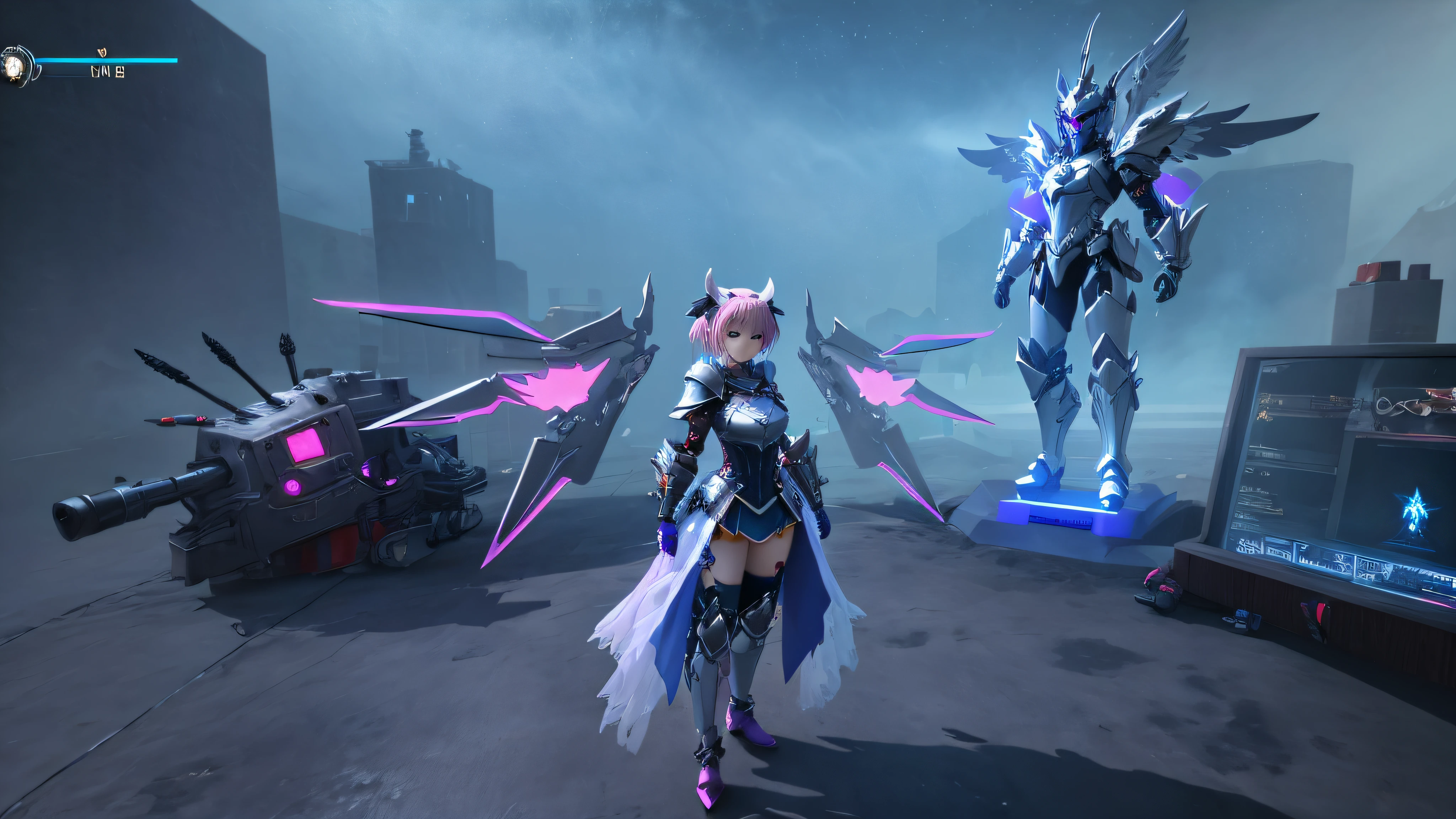 (Masterpiece) 3D It is a demon goddess standing in a room, sharp silver armor fuchsia skin from the video game Azur Lane, fuchsia skin under armor dressed in ethereal battle armor, sacred cyborg necromancer girl, mechanized Valkyrie girl, < MMORPGS scene, Ayaka Genshin Impact, PC screenshot, fuchsia skin under armor