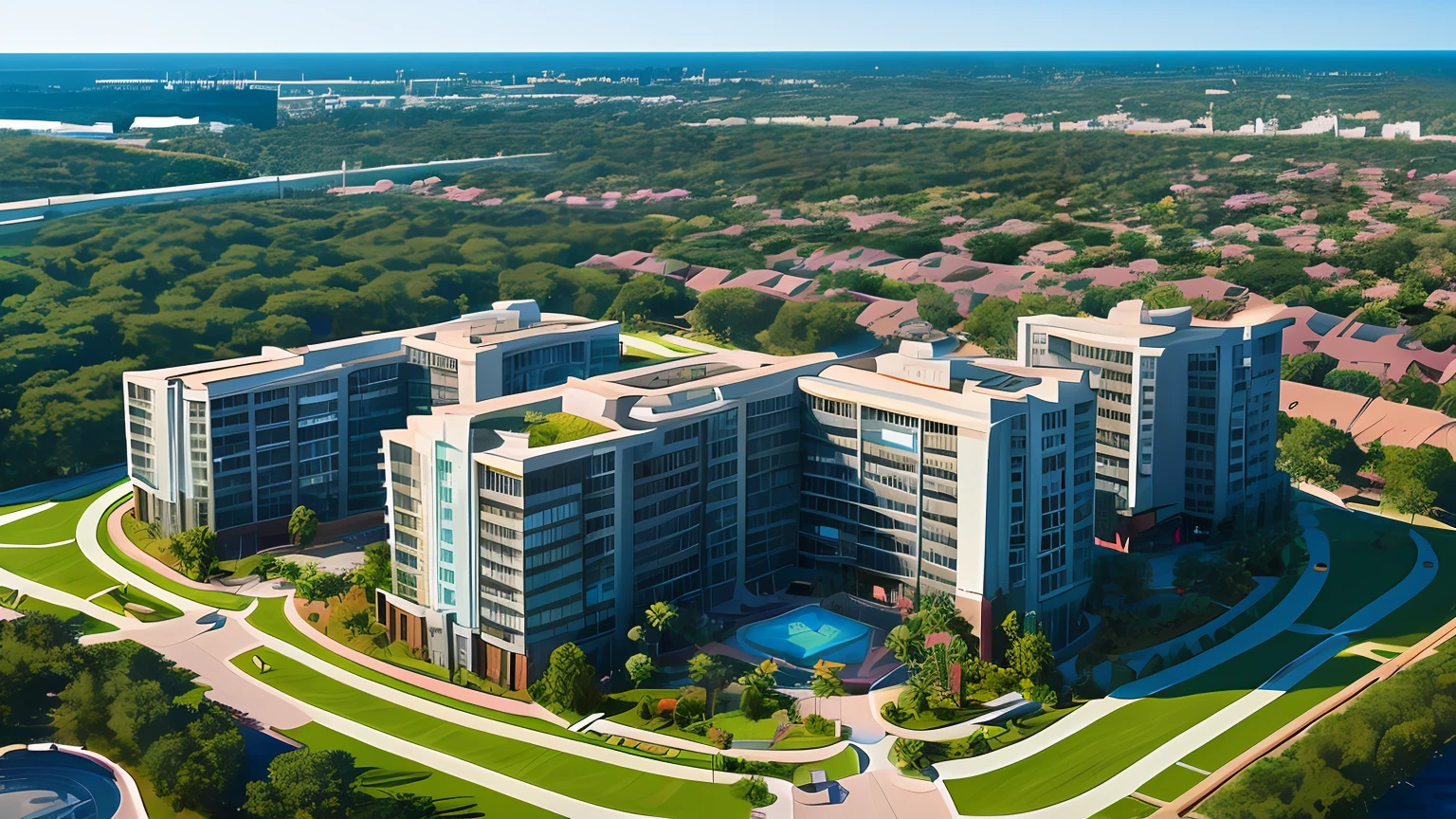 Make four buildings equal, condo, grass, ultra realistic, intricate details, wide angle, aerial view, marvel, disney.