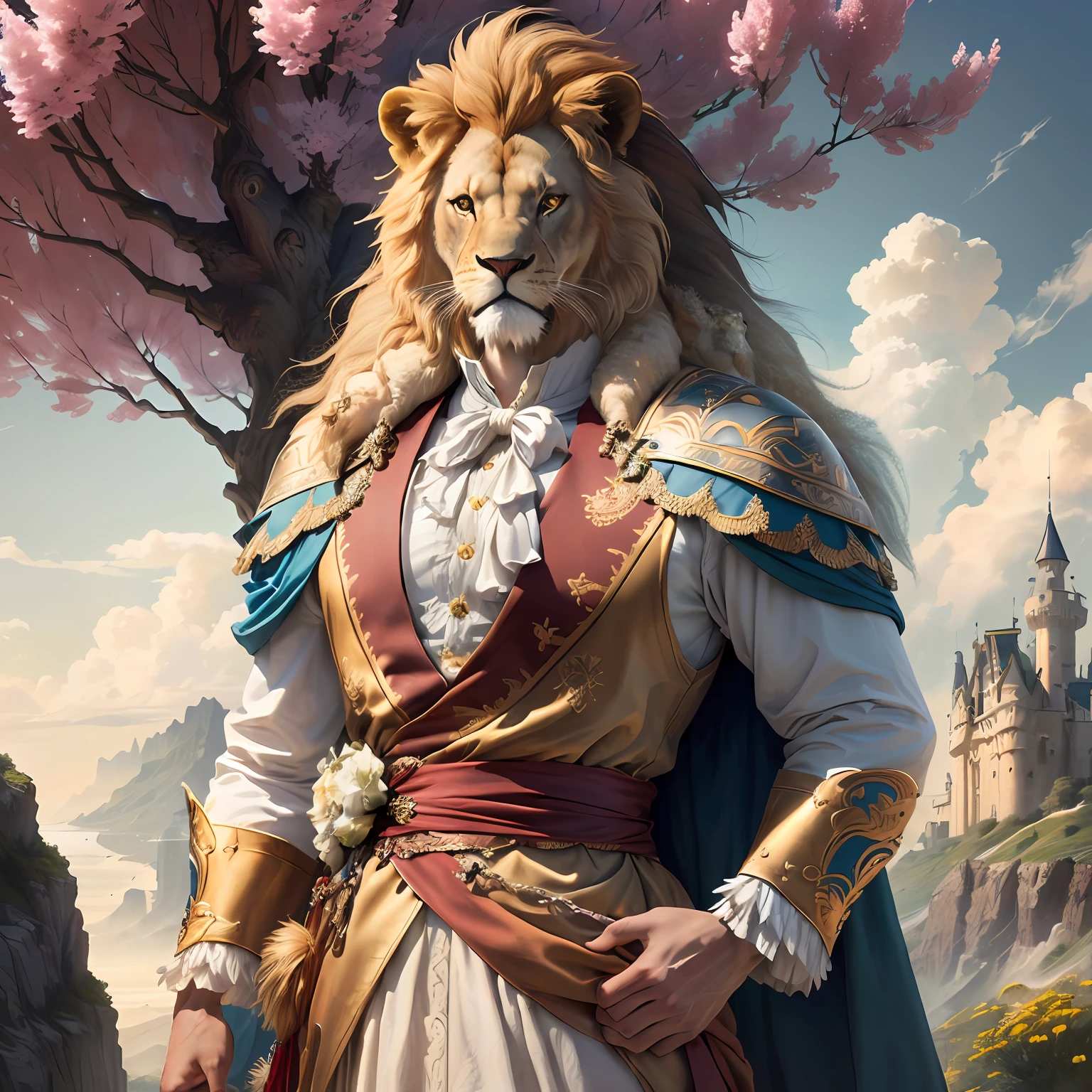 great lion, firm and imposing, appearing among the clouds in the sky.