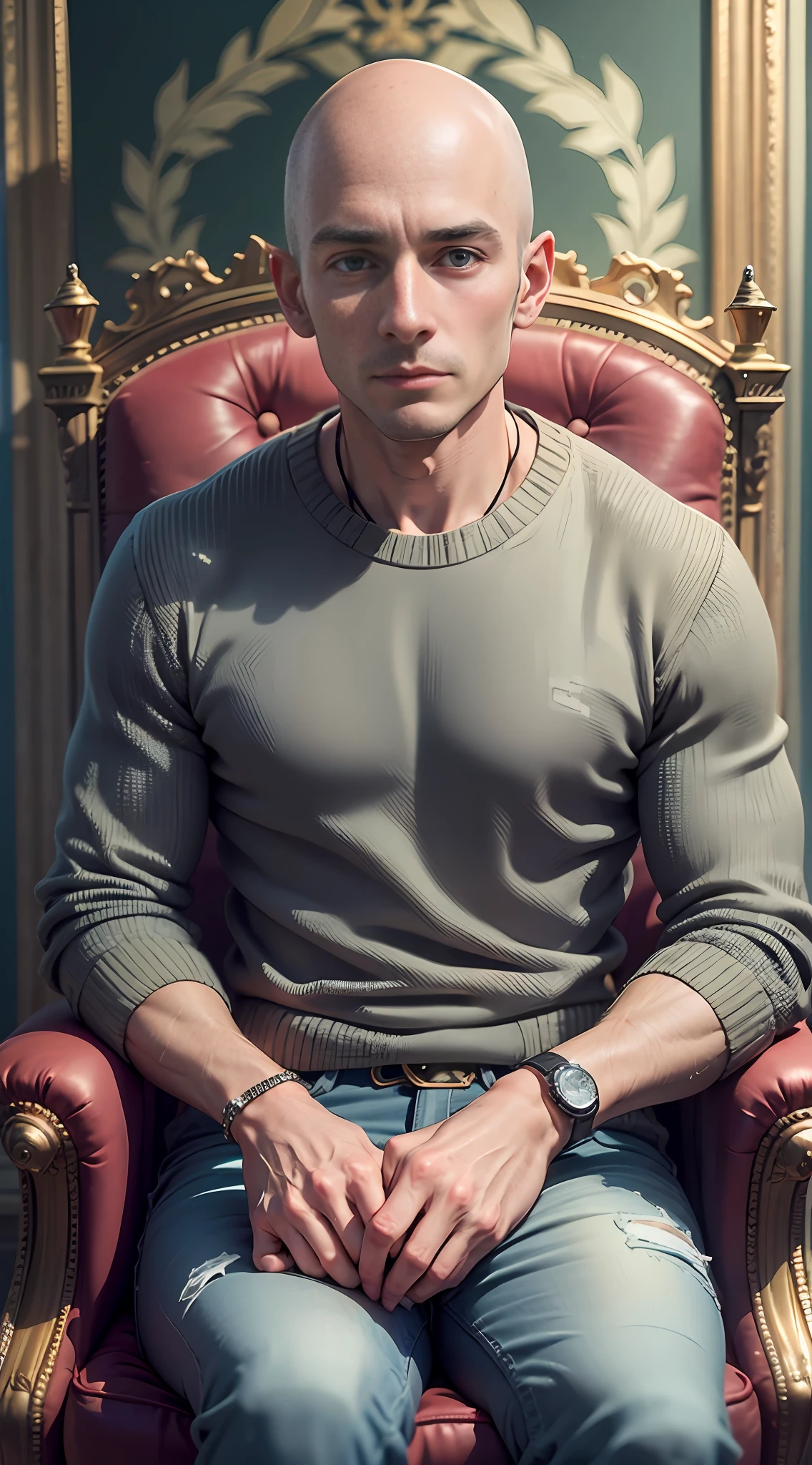 British man in his 30s, sitting at the queen's throne in Buckingham Palace in 1970s, wrinkles, high cheekbones, raincoat, sweater, regular fit jeans, skinny, oval head shape, high cheekbones, scrawny face, half bald, clean shaven,