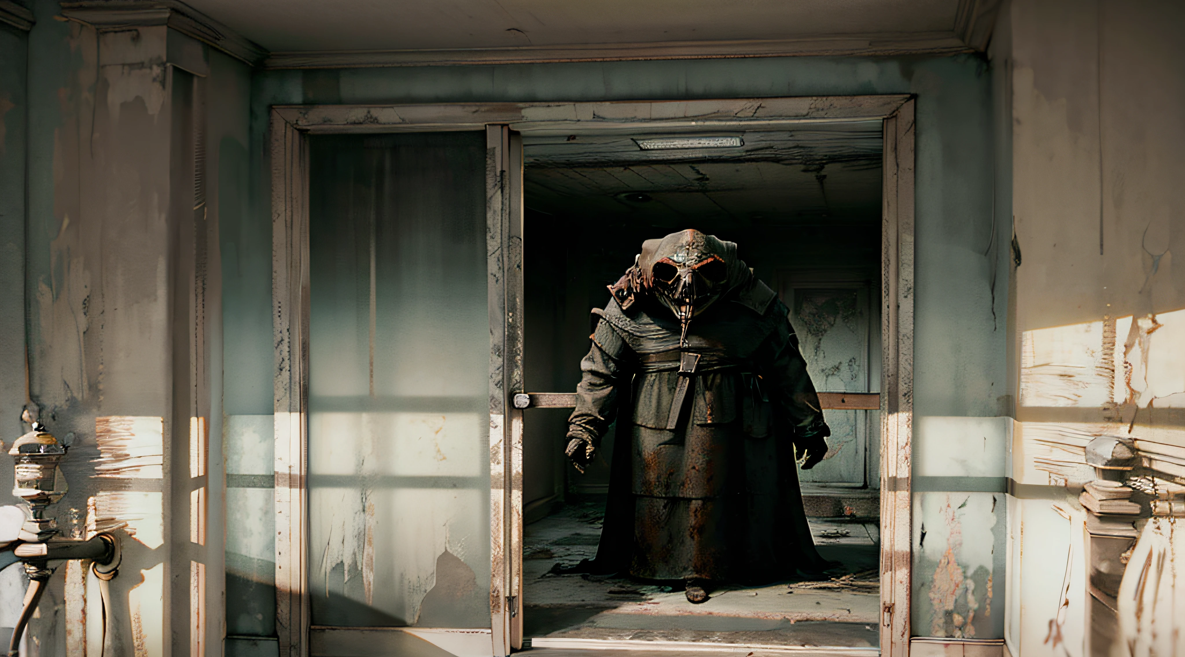 there is a statue of a man wearing a gas mask in a doorway, jack baker from resident evil 7, indie video game horror, horror video game, the plague doctor, resident evil 7, horror game graphics, plague doctor, the plaguefather, the evil within monster, scp-049, kenku, masked person in corner