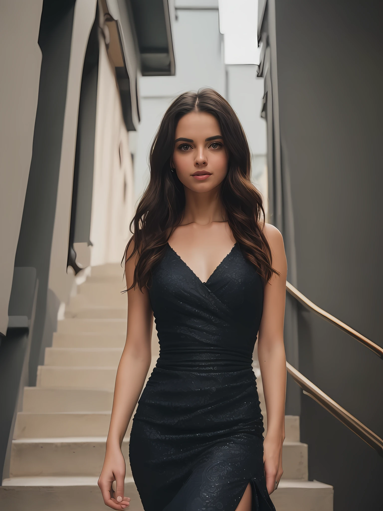 Gorgeous 30 year old slim thick goddess with long wavy brown hair and soft blue eyes looking at the camera with a soft cute smile, freckled face, innocent look, in a perfect tight black runway models dress, walking down some stairs in a lightly lit European town at midnight, closeup, soft light(redhead:0.4), (photorealistic:1.3), (highest quality:1.3), (film grain:1.3), ( world's best photography:1.3), (professional Photo:1.3), (detailed details:1.3), (cinematic light:1.3), ( cinematic color:1.3), maximum depth of field, film photography, ( intricate details:1), (hyperdetailed:1),