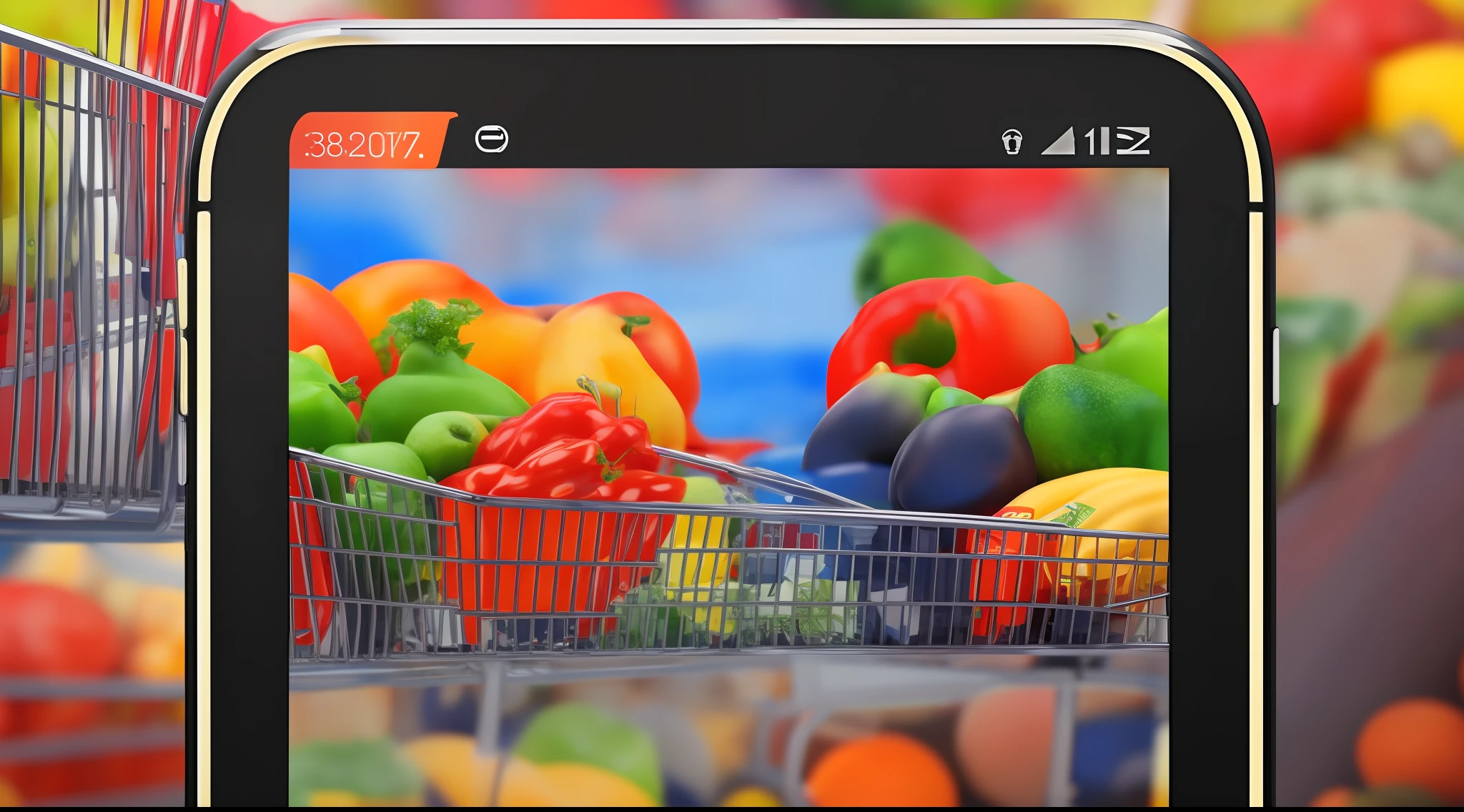 A futuristic shopping cart on the screen of a smartphone, with varied products, vibrant colors, perfect lighting, impeccable symmetry and ultra-realism.