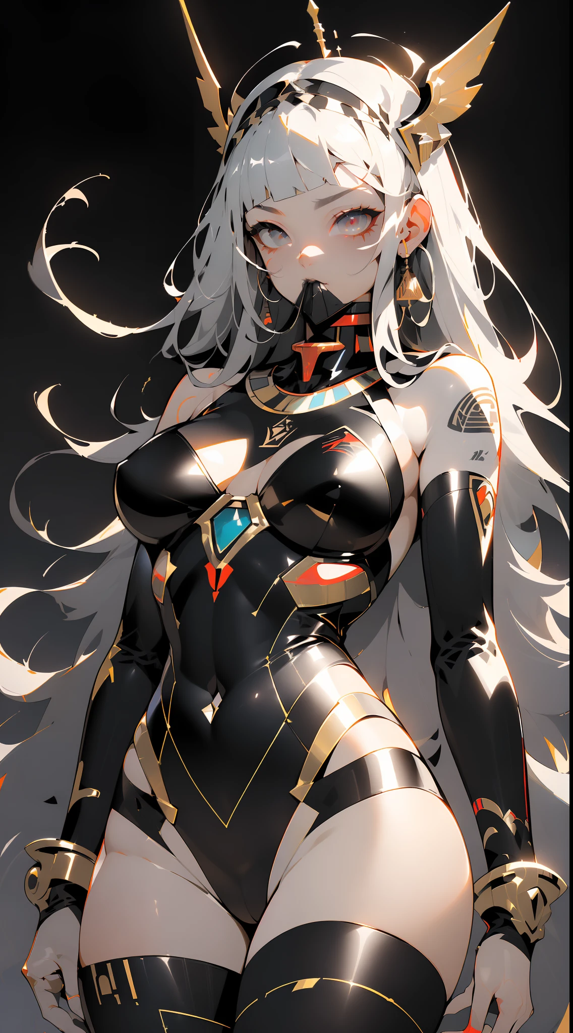 ((Best quality)), ((masterpiece)), (detailed: 1.4), crysis nanosuit, square chin, Guweiz-style art, Guweiz, beautiful character painting, Guweiz in Artstation Pixiv, Guweiz in Pixiv ArtStation, beautiful digital art, Wlop Rossdraws, Guweiz masterpiece, (Absurd), Thin woman airplane pilot, Egyptian ready for war, perfect body, dark skin, Tutankhamun mask, (((Hemhem crown on head, Style of a triple Atef))), (((Khat))), (((defined muscles, half-thick bare thighs, mouth closed, only in panties, muscular body covered in technological clothing, Neon Genesis Evangelion style, cyberpunk, ((Sphinx)), (Cleopatra), head covered by an Egyptian ornament in the shape of a golden eagle wing, ((perfect medium breasts)), (white eyes without pupils), (((black, silver and red clothing)), (((long black straight hair with heavy bangs on the forehead))), (Egyptian ornaments), ((hieroglyphics on the arms)), short underwear, garter belt, by mucha, niji --V5, close to real, psychopathic, crazy face, sexy pose, background with a sphinx, 2 piece clothing, pastel, centered, scale to fit dimensions, HDR (High Dynamic Range),Ray Tracing,NVIDIA RTX,Super-Resolution,Unreal 5,Subsurface dispersion, PBR texture, Post-processing, Anisotropic filtering, Depth of field, Maximum clarity and sharpness, Multilayer textures, Albedo and specular maps, Surface shading, Accurate simulation of light-material interaction, Perfect proportions, Octane Render, Two-tone lighting, Wide aperture, Low ISO, White balance, Rule of thirds, 8K RAW