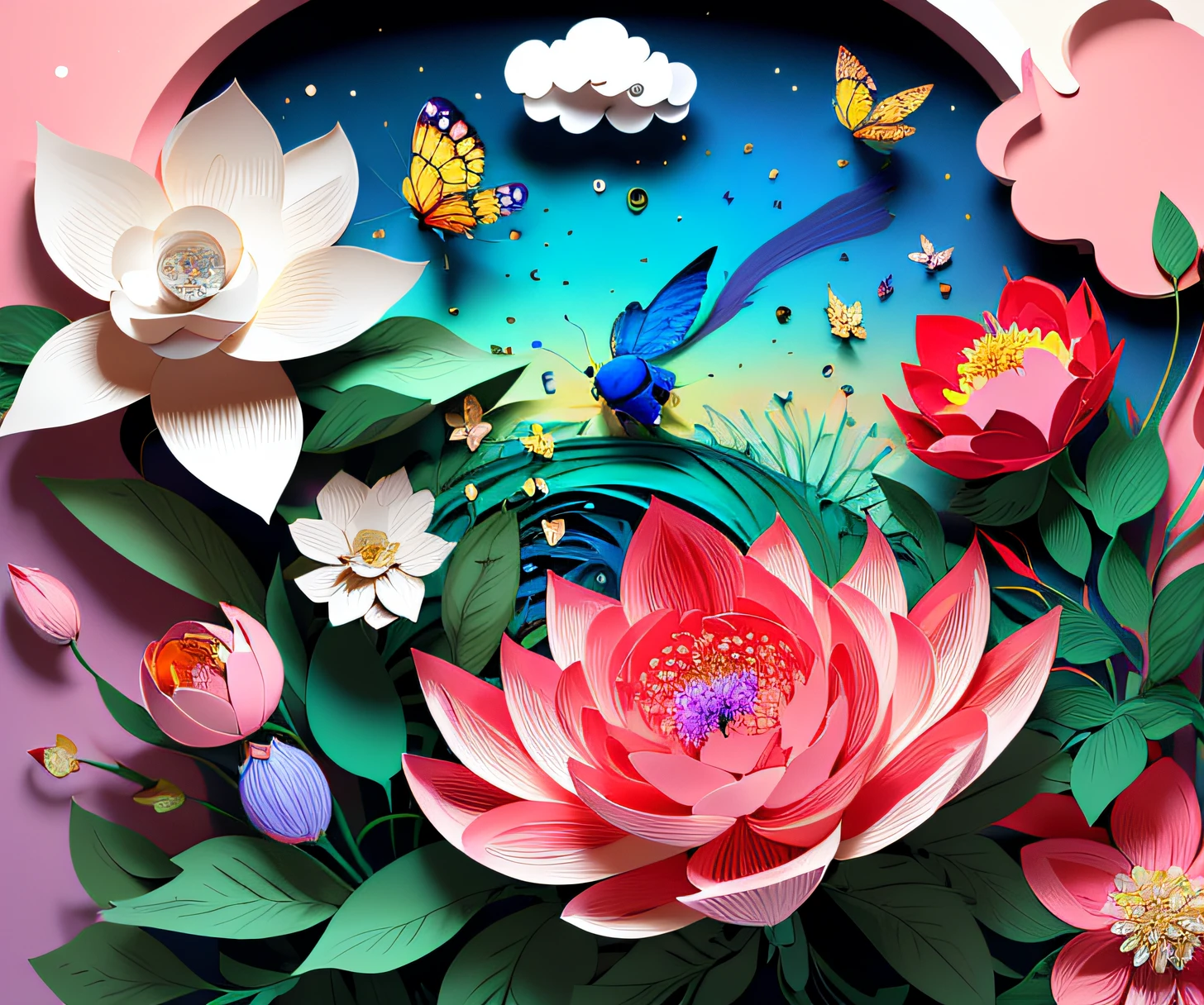 realistic, (best quality, masterpiece: 1.3), illustration, large butterfly in center, floating in gardenias, cloudy sky, paper_cut, pattern, background of pink colors