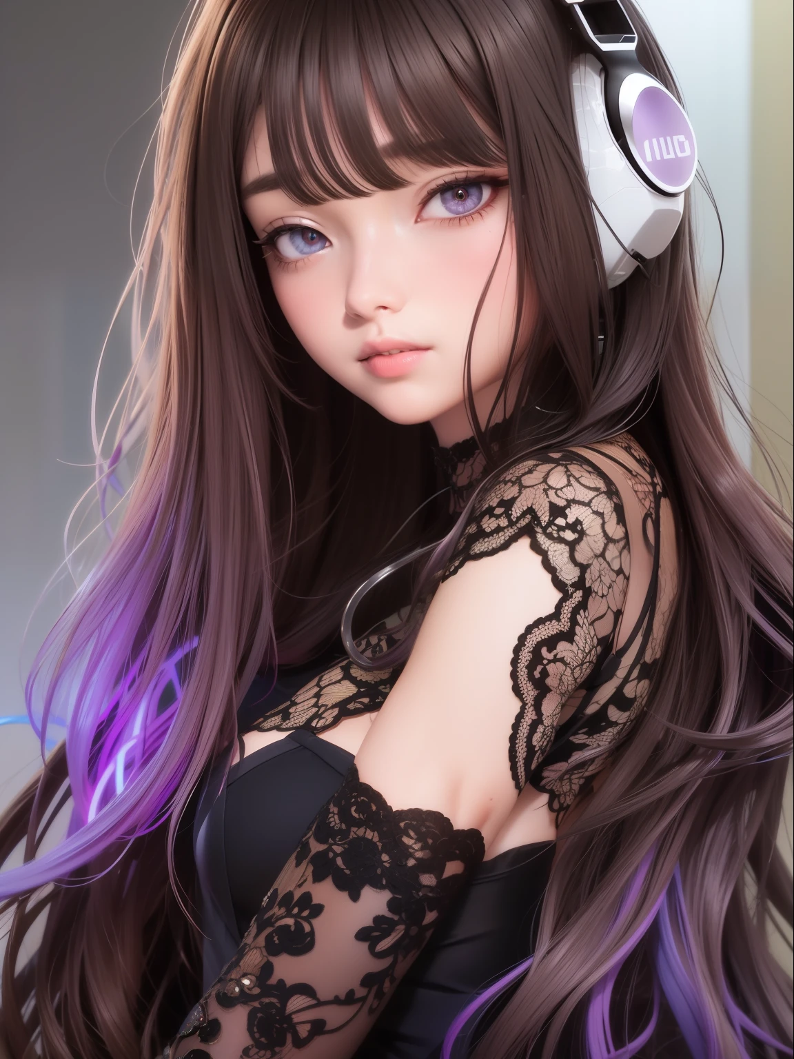 arafed woman with headphones and a black dress with purple hair, 8k high quality detailed art, artwork in the style of guweiz, smooth anime cg art, photorealistic anime girl render, anime style. 8k, realistic young anime girl, realistic anime 3 d style, anime styled 3d, 3 d anime realistic