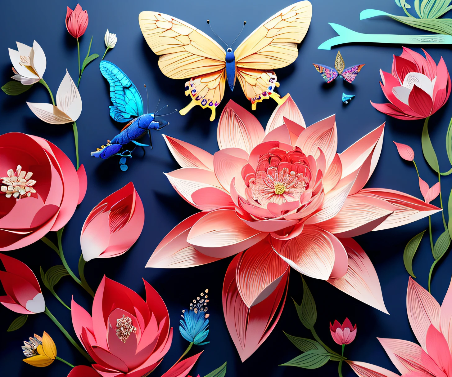 realistic, (best quality, masterpiece: 1.3), illustration, large butterfly in center, floating in gardenias, cloudy sky, paper_cut, pattern, background of pink colors