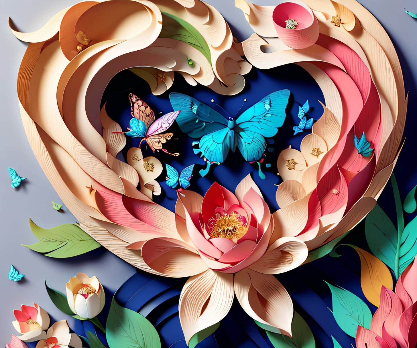realistic, (best quality, masterpiece: 1.3), illustration, large butterfly in center, floating in gardenias, cloudy sky, paper_cut, pattern, background of pink colors