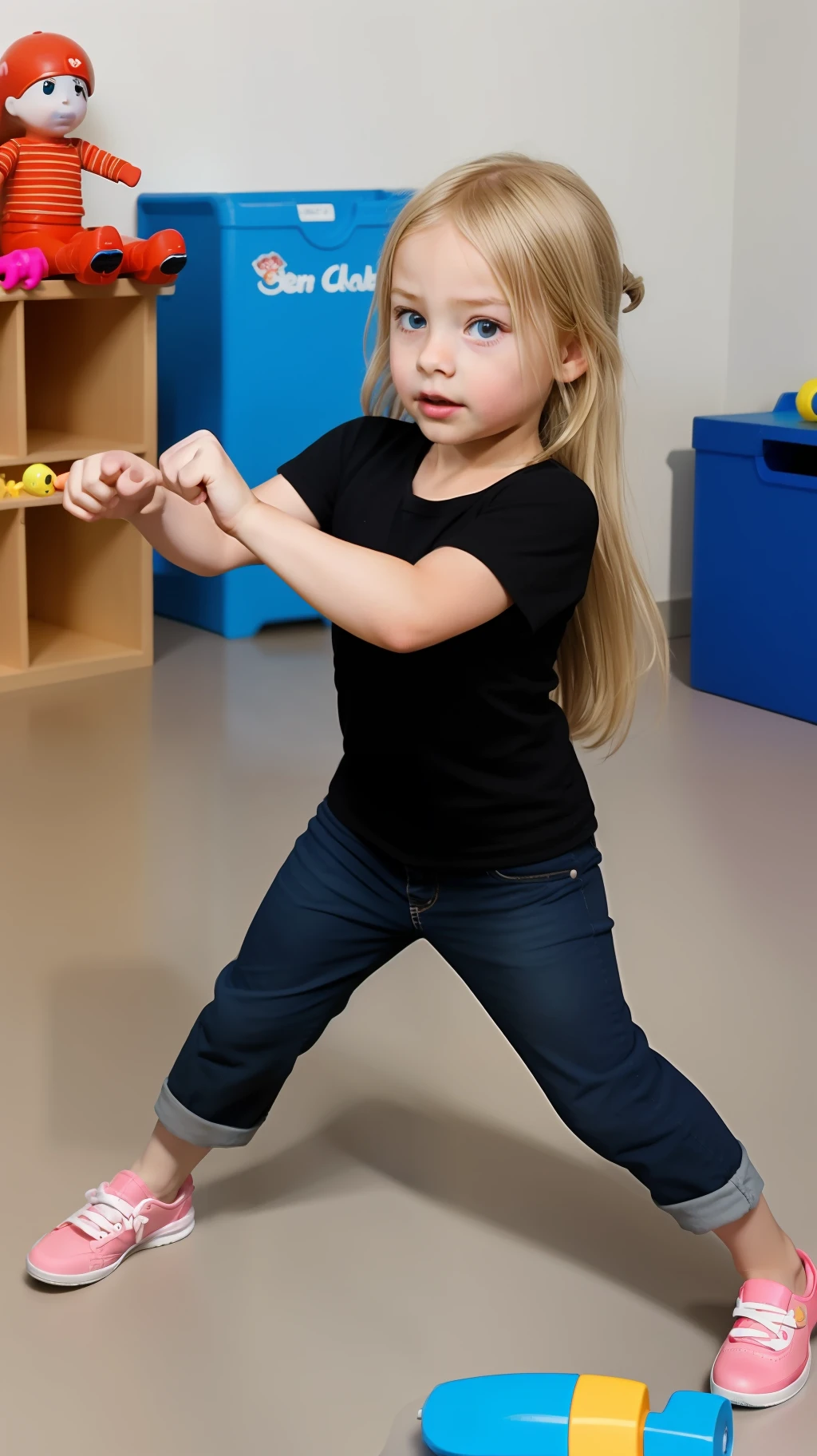 Rebel girl 6 year old blonde child fighting with toys