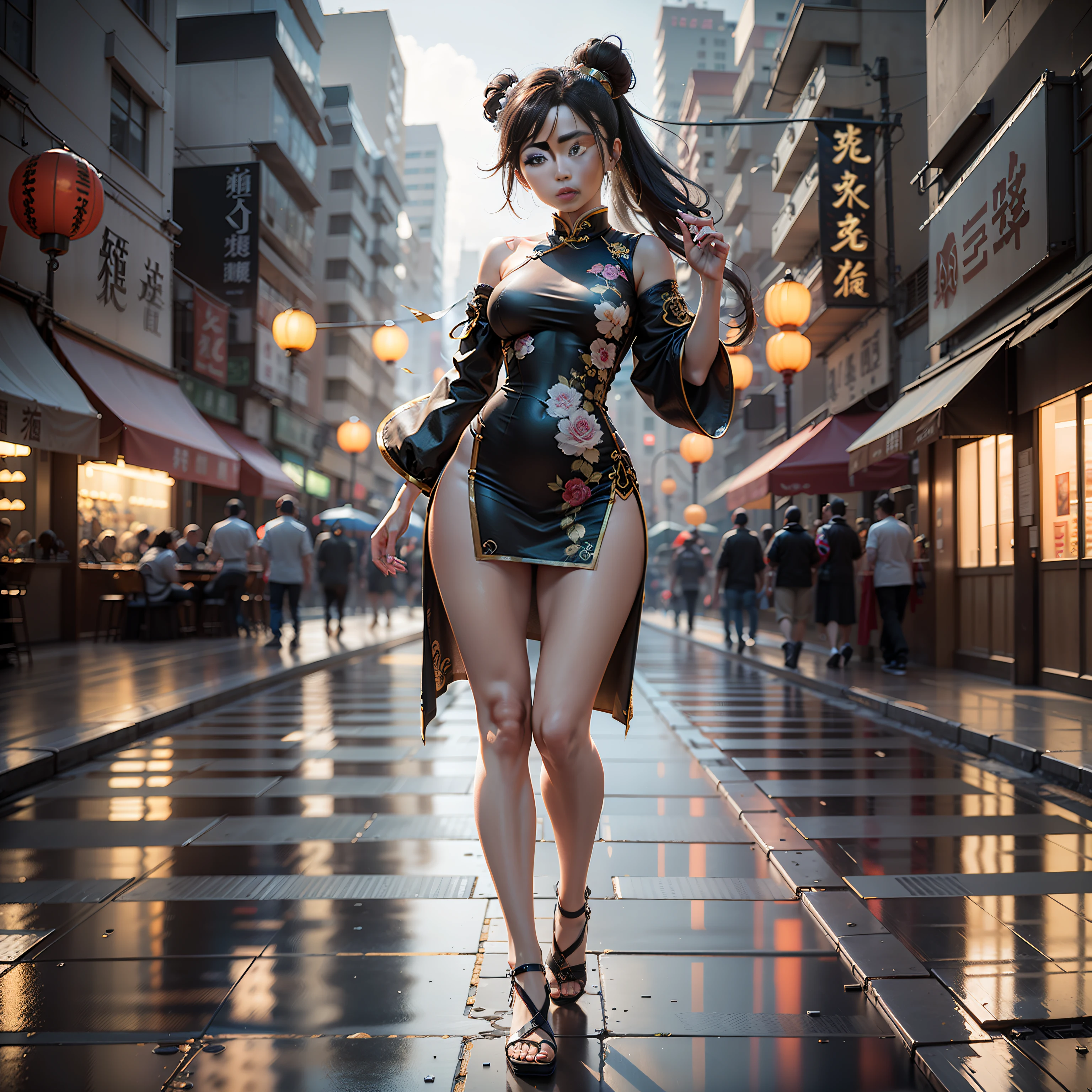 (Best Quality)), ((Masterpiece)), (Details:1.4), 3D,1 Girl, Full Body Image, Beautiful Chinese Woman Images , (Chinese Casual Clothes), Cheongsam, Beautiful Black Hair Chun-Li Style Hairstyle, Chinese Kung Fu Girl, HL, Ray Tracing, NVIDIA RTX, Super Resolution, Unreal 5, Subsurface Scattering, PBR Texturing, Post-processing, Anisotropic filtering, Depth of field, Maximum clarity and sharpness, multi-layer textures, albedo and specular maps, surface shading, accurate simulation of light material interactions, slender perfect proportions, sharp eyeliner, (full body)), sharp focus, octane rendering, Two-tone lighting, large aperture, low ISO, white balance, rule of thirds, 8K RAW, circuit board AI, 4K, Chinese urban background,