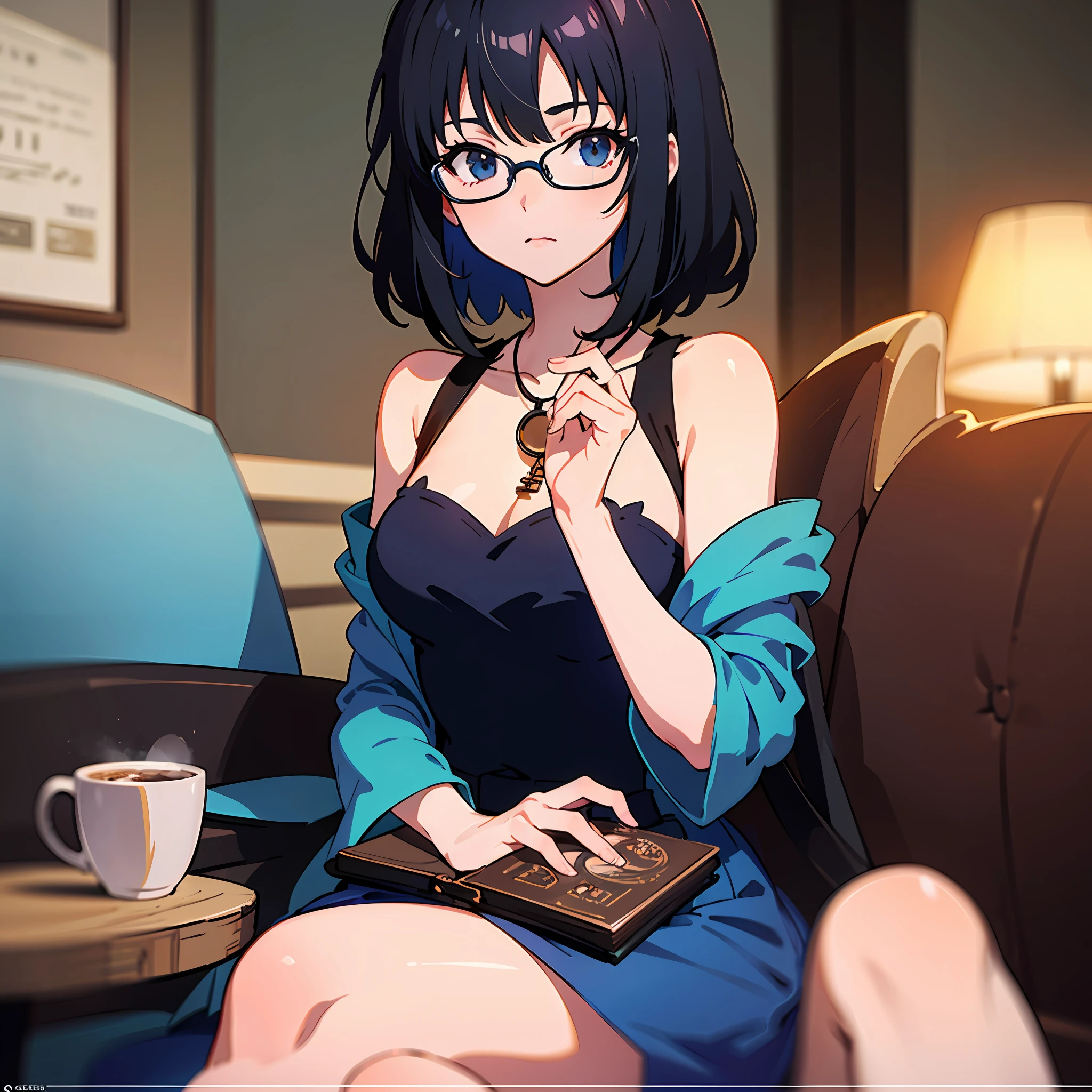 Cute girl in blue dress black hair black wayfarer glasses sitting psychedelic patterns inside cafe drinking coffee with background by greg rutkowski makoto shinkai kyoto animation key art feminine mid shot --auto
