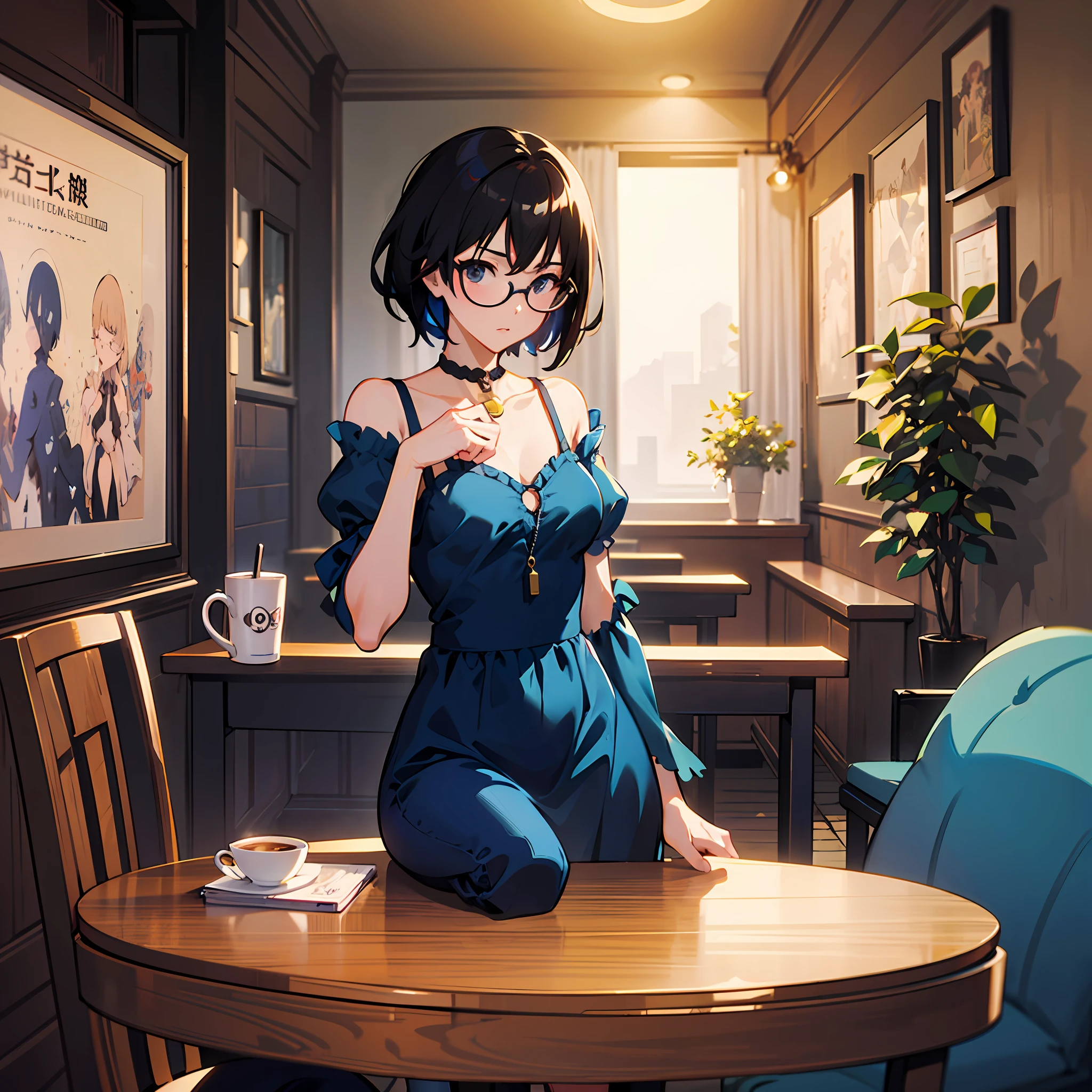 Cute girl in blue dress black hair black wayfarer glasses sitting psychedelic patterns inside cafe drinking coffee with background by greg rutkowski makoto shinkai kyoto animation key art feminine mid shot --auto