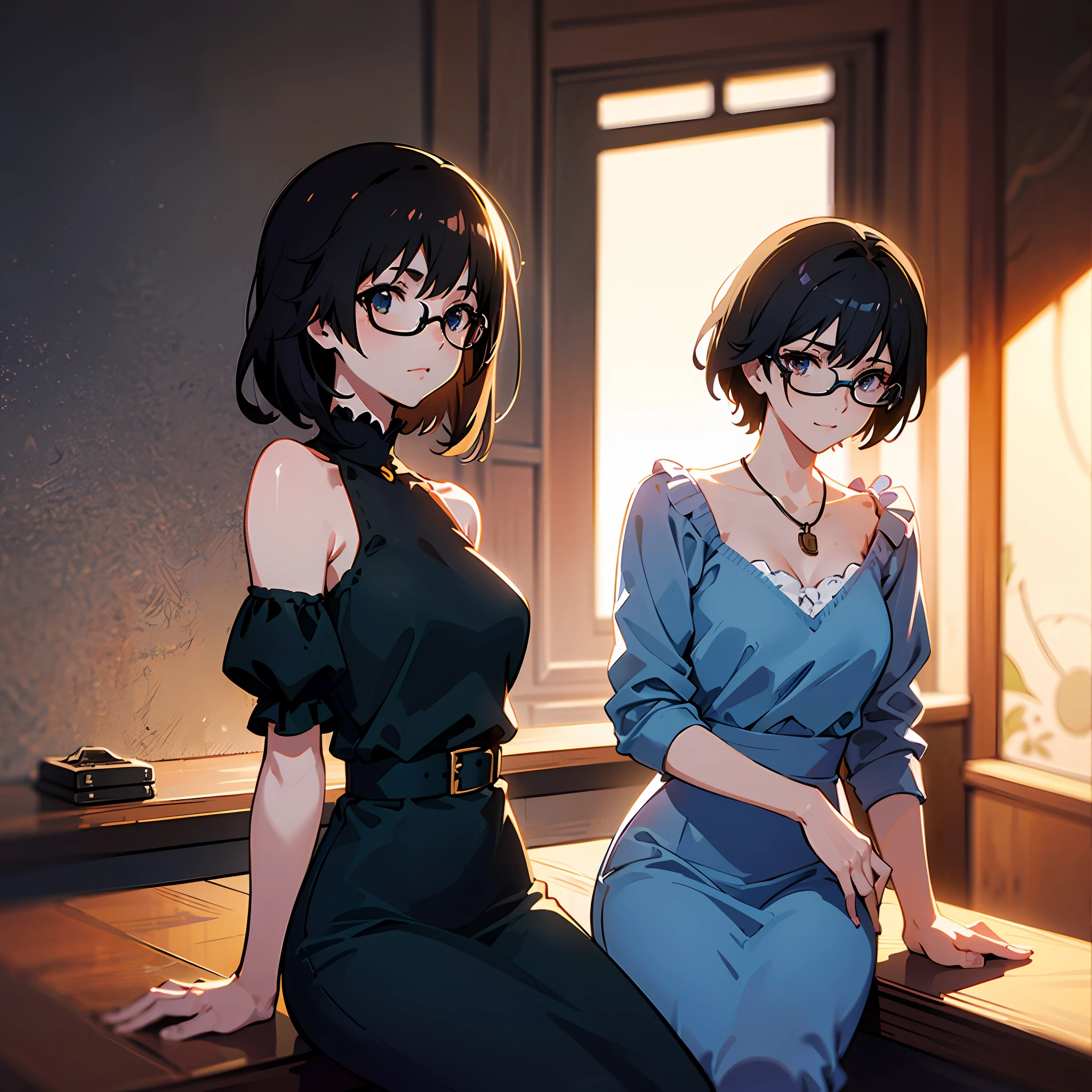 Cute girl in blue dress black hair black wayfarer glasses sitting psychedelic patterns inside cafe drinking coffee with background by greg rutkowski makoto shinkai kyoto animation key art feminine mid shot --auto