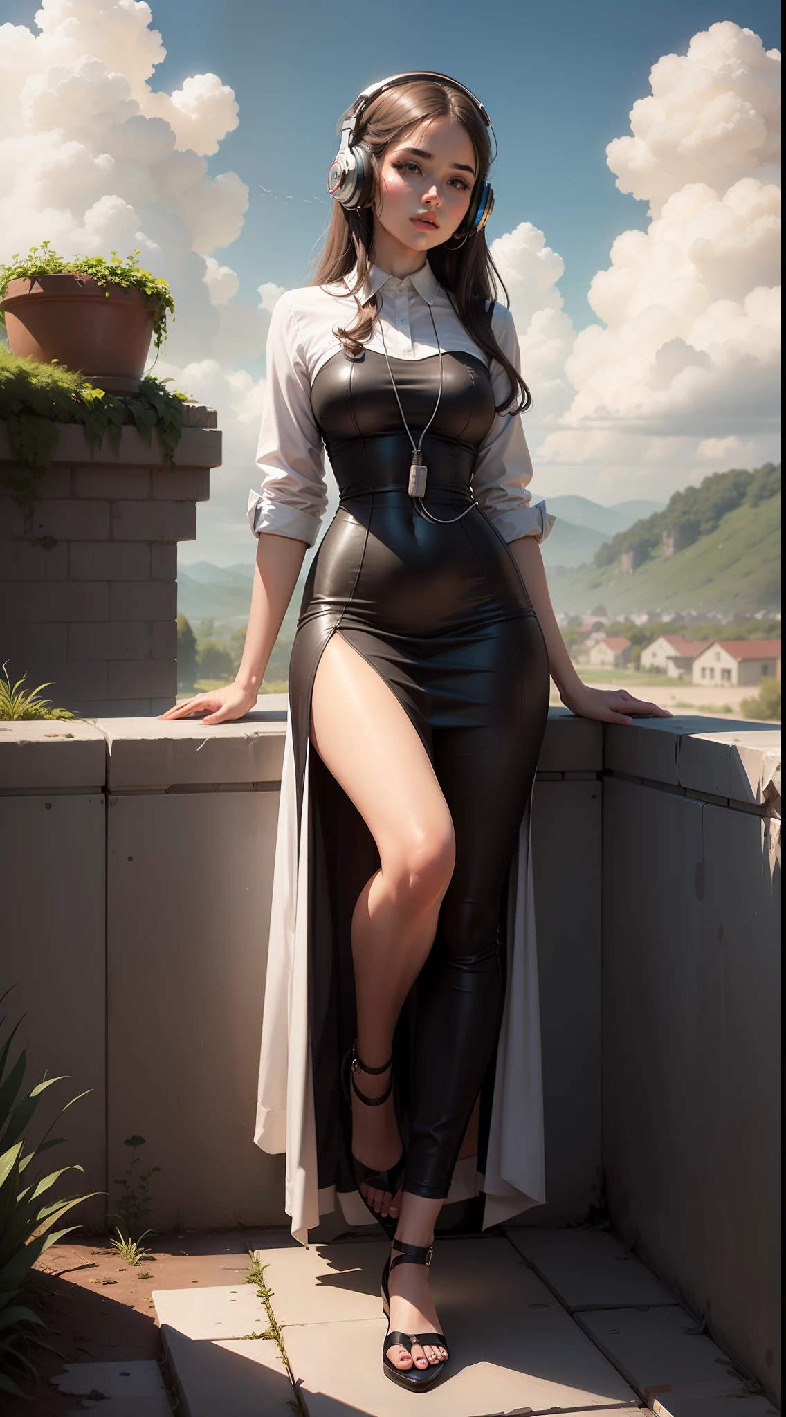 Beautiful girl portrait, full length, headphones, cloudy sky background, lush landscape illustration, concept art, student, pinterest, arts station, art by lou ll