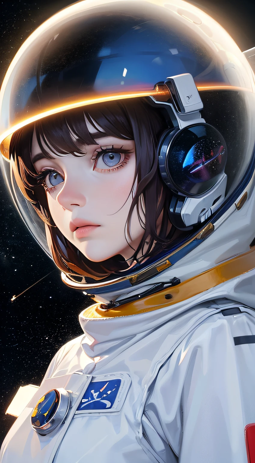"Lonely astronaut woman, with sad look in the darkness of space, meteors falling across the starry horizon, anime style, realistic, digital art, wearing helmet" --auto