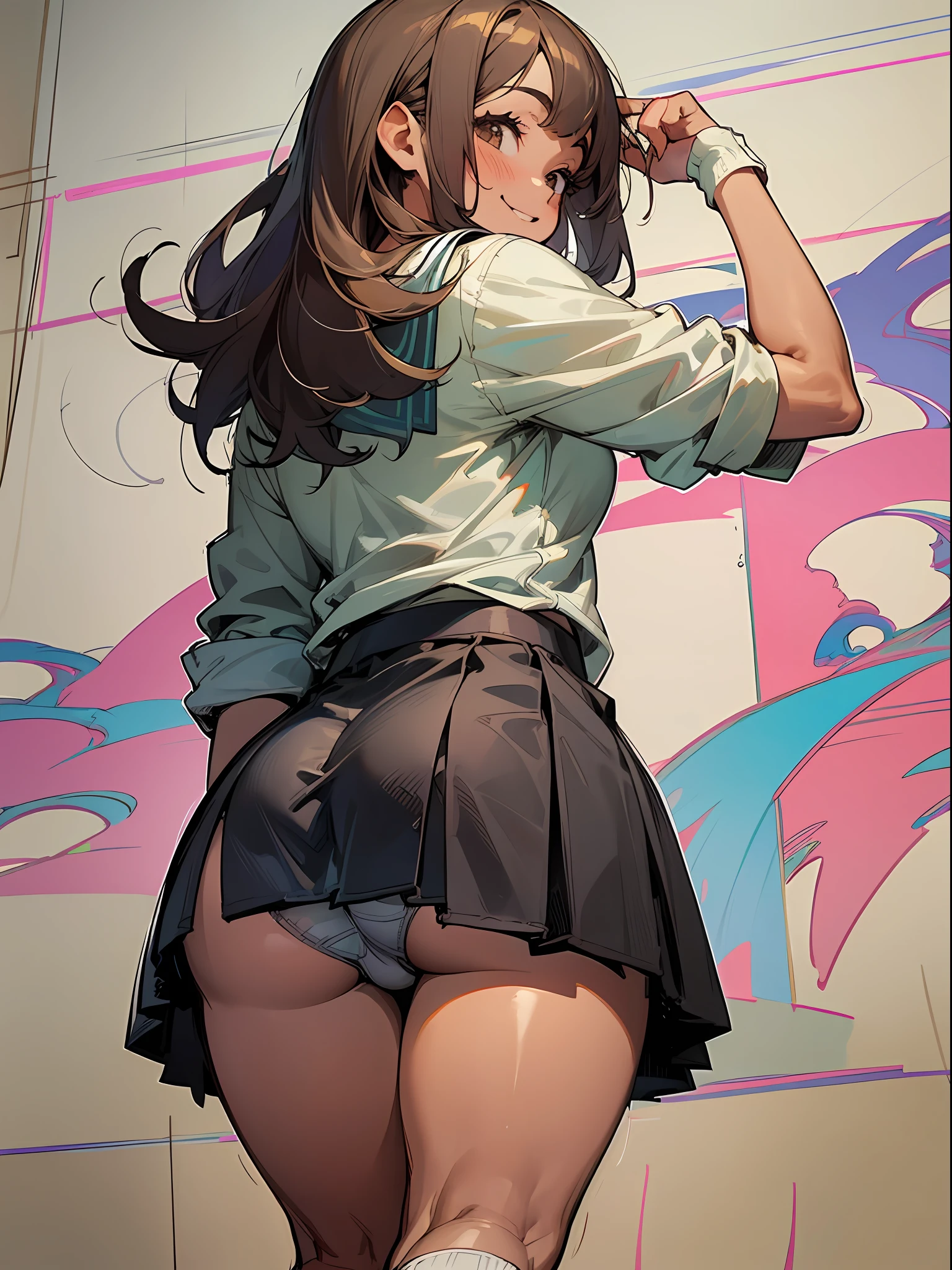 master-piece, hyper quality, hyper detailed, perfect drawing,Solo, kogal, black gal, high school student, school uniform, miniskirt: (0.7), backwards, buttocks sticking out, big round buttocks, standing figure, ((panties fully visible)), tanned skin: (1.2), cute smile, cheeky smile, tan marks: (1.5), ((((Baggy Socks))), portrait, bust up, shot from the back diagonally below, beautiful background, detailed drawing, accurate drawing.