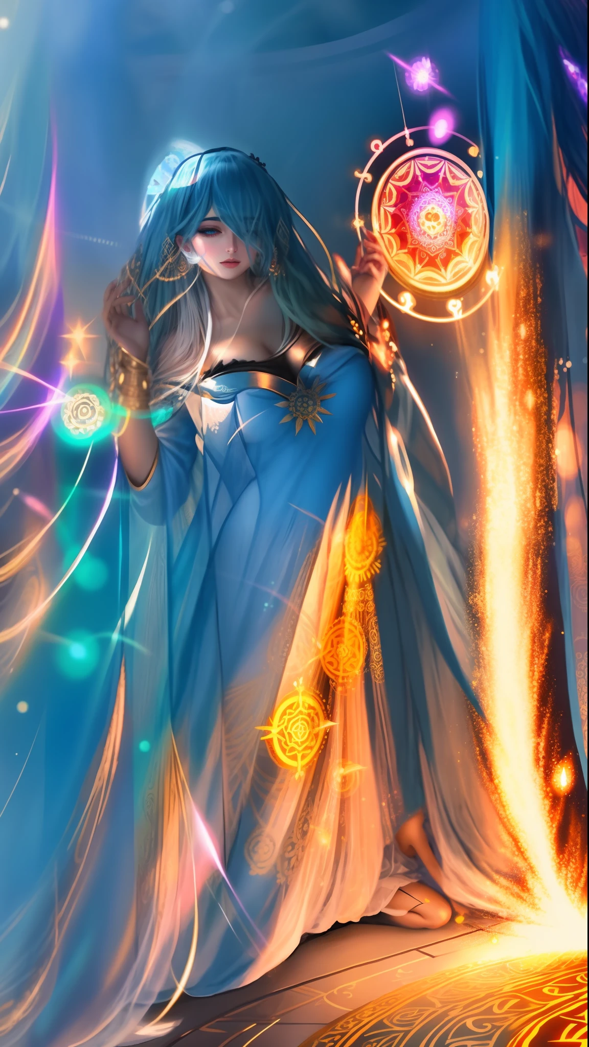 iosa Hera, beautiful, Greek goddess, queen of the gods of Olympus, beautiful body, perfect body, full body, masterpiece, dressed in Greek, behind the goddess hera is her mandala in all its splendor, with its symbols of hera, bright energy in the mandala and taking out a lot of spiritual energy in the mandala