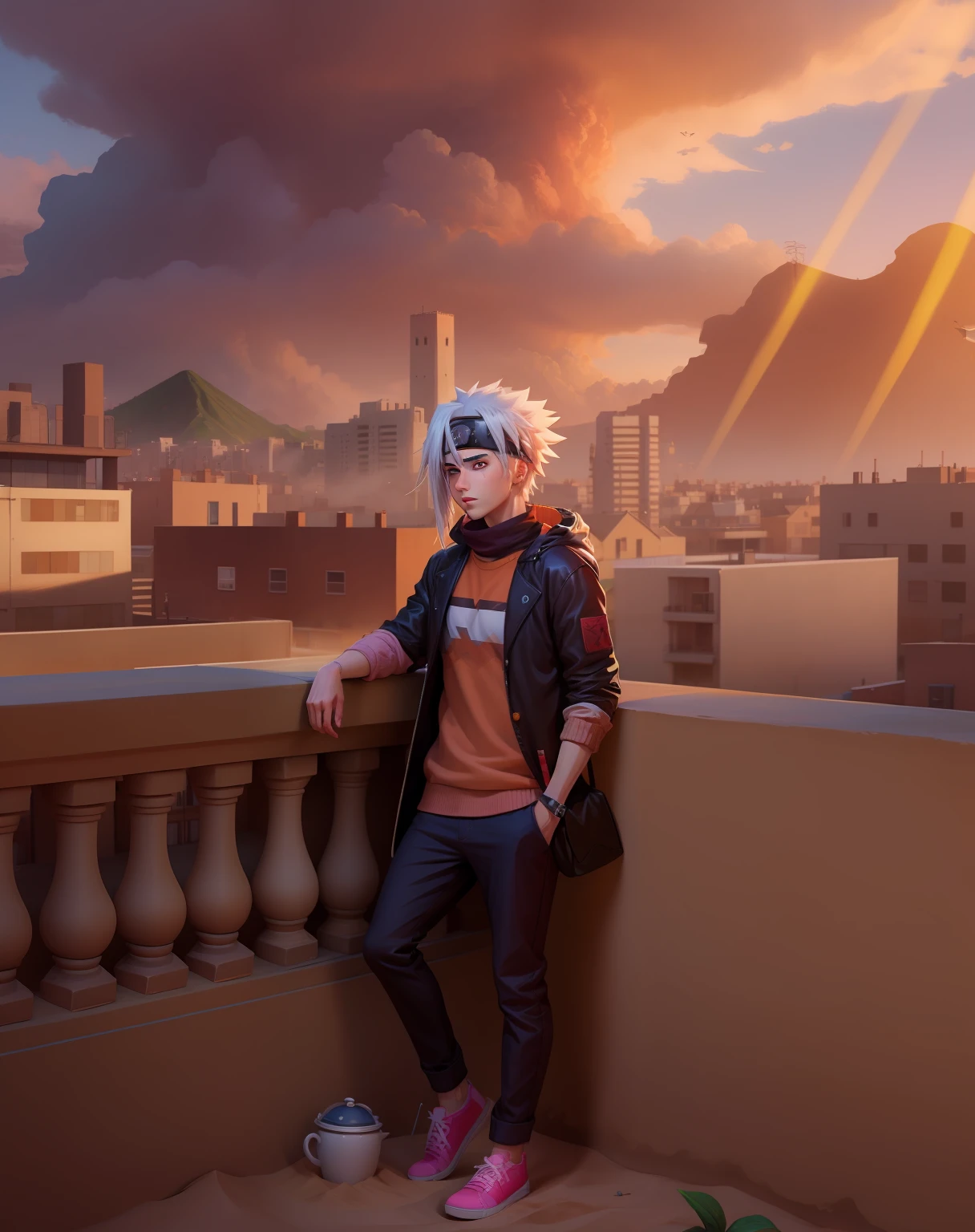 Improve the face, swap for an orange sweater, put the sand village in the background, Naruto anime style art, Kakashi