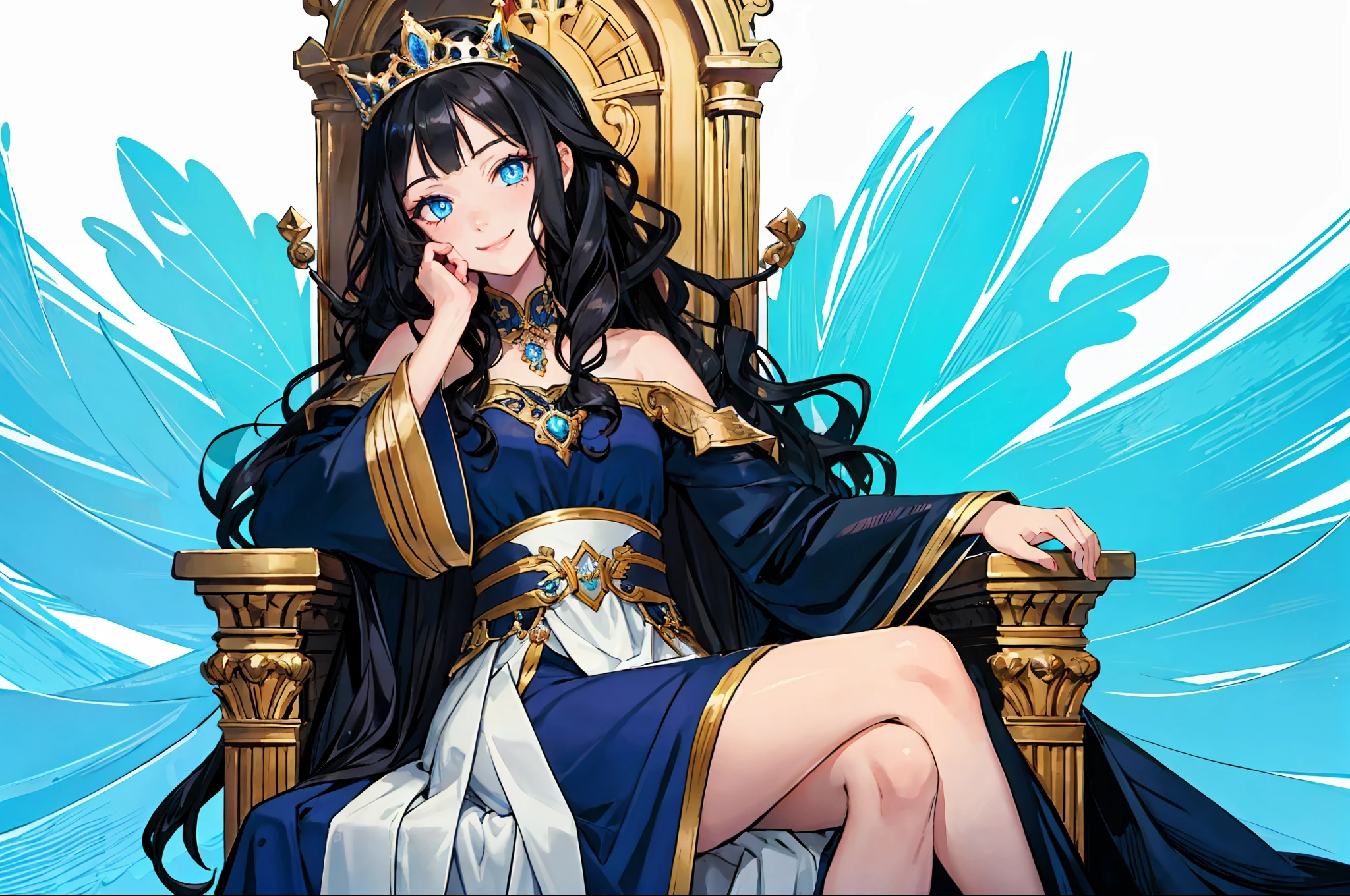 (best quality), 1 girl sitting on a throne, one hand resting on her chin, blue eyes, cold gaze, shining eyes, mischievous smile, black hair, long wavy hair, princess, elegant long dress,