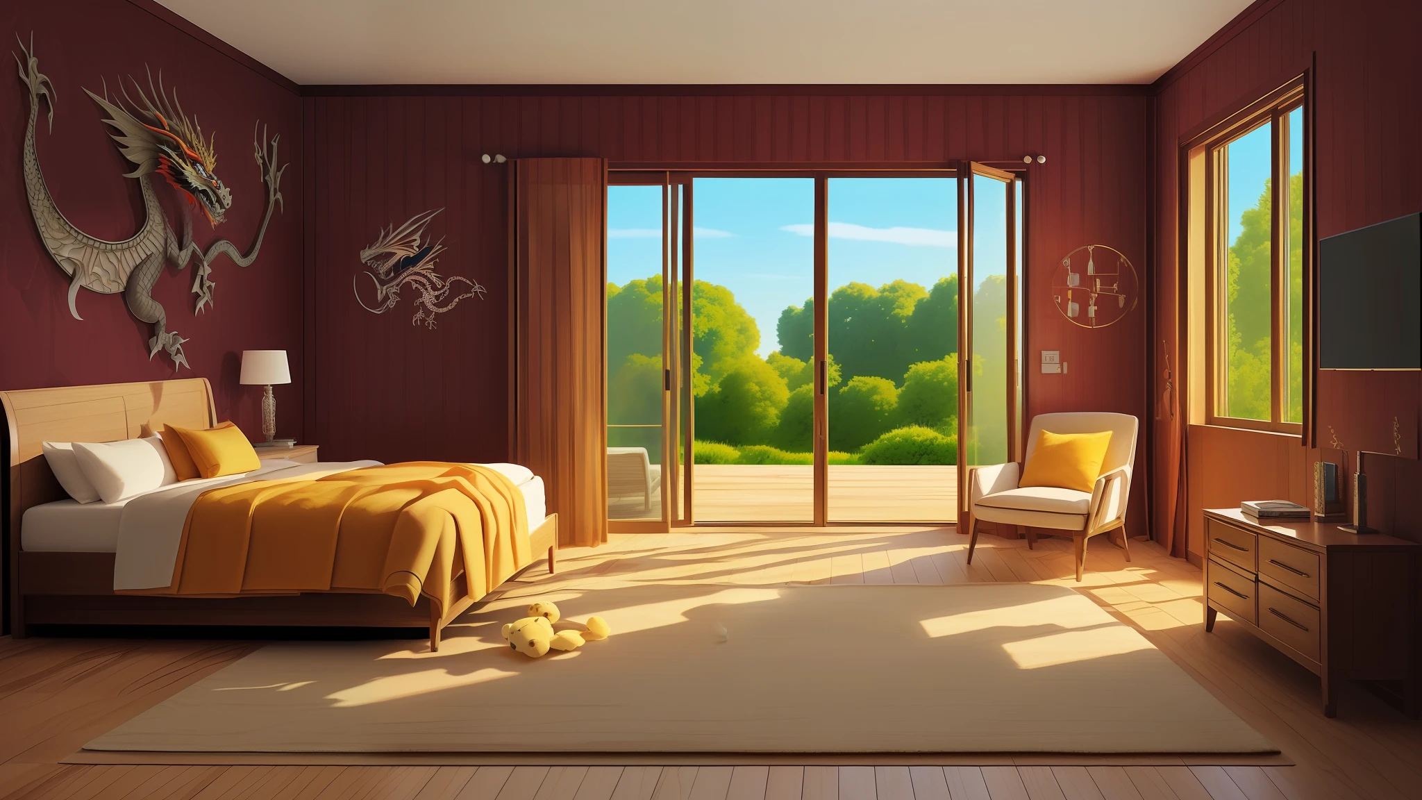((stuffed animal)), bedroom, bed, mat, glass door, tv, wallpaper, dragon wallpaper, masterpiece, best quality, (extremely detailed CG unity 8k wallpaper), (best quality), (best illustration), (best shadow)