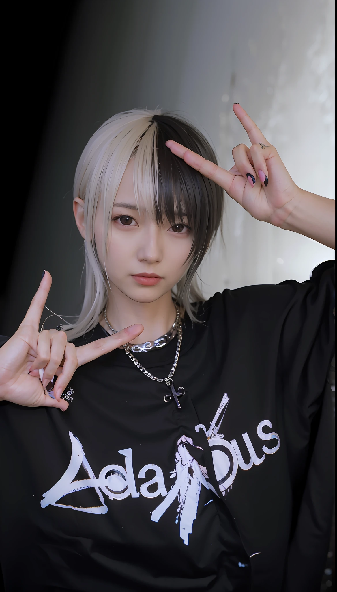there is a woman with a black shirt and a white hair, portrait a woman like reol, 1 7 - year - old anime goth girl, realistic anime 3 d style, anime styled 3d, anime girl in real life, v from devil may cry as an elf, live2d virtual youtuber model, 2b, 2 b, hyper realistic anime