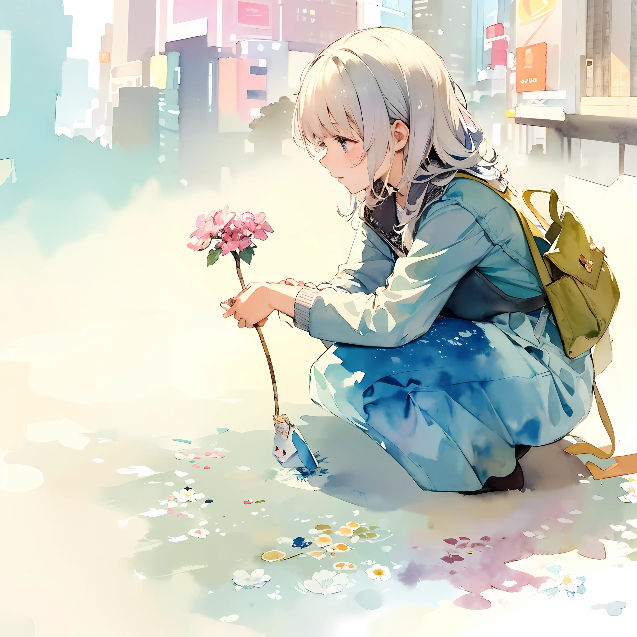 Fine brush, rough, detailed watercolor, soft and fantastic, pastel, fluffy, Caesanne,panoramic view:1.5, A little flower blooming in a corner of the street in a big city like Times Square.A woman who had come out of the countryside and was having trouble adjusting to the city squatted down and held a small flower in her hand.