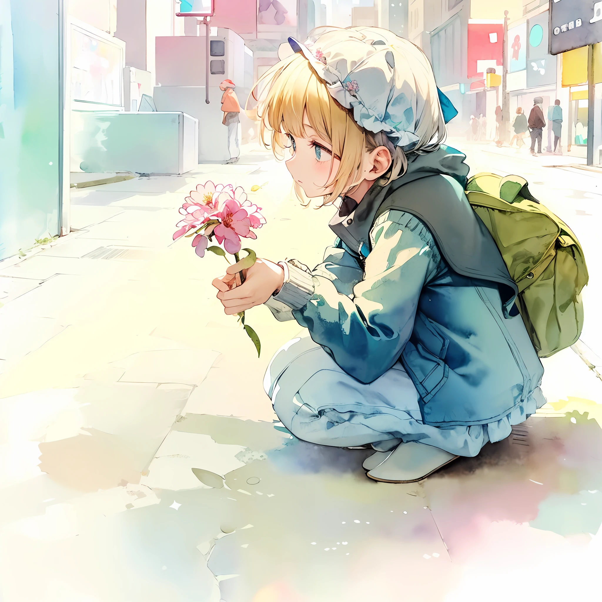 Fine brush, rough, detailed watercolor, soft and fantastic, pastel, fluffy, Caesanne,panoramic view：1.5, A little flower blooming in a corner of the street in a big city like Times Square.A woman who had come out of the countryside and was having trouble adjusting to the city squatted down and held a small flower in her hand.