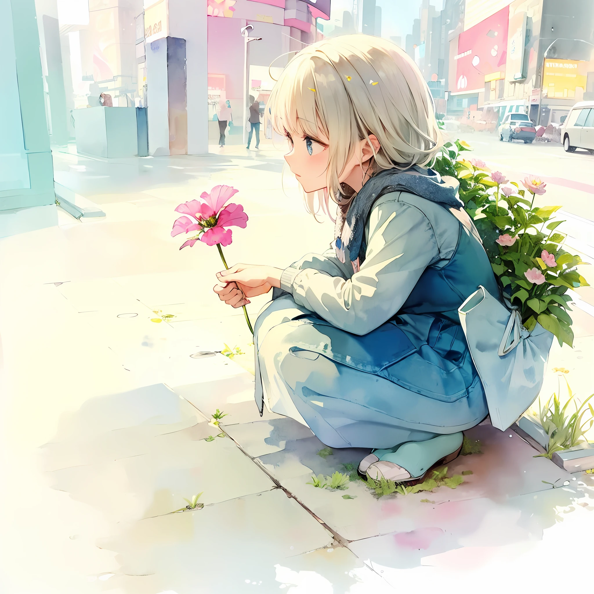 Fine brush, rough, detailed watercolor, soft and fantastic, pastel, fluffy, Caesanne,panoramic view：1.5, A little flower blooming in a corner of the street in a big city like Times Square.A woman who had come out of the countryside and was having trouble adjusting to the city squatted down and held a small flower in her hand.