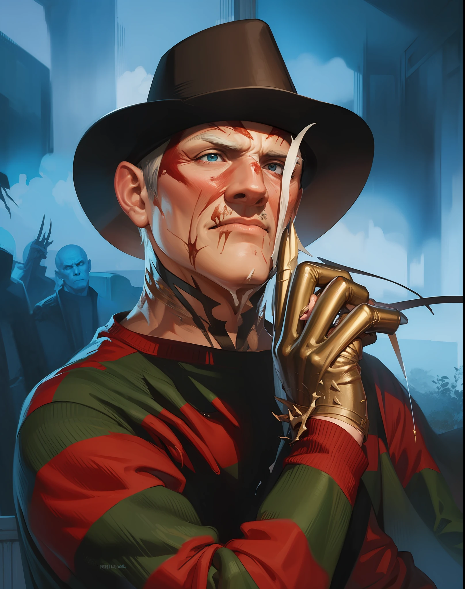 Man with burned face all disfigured holding claws in hand better quality and better effects