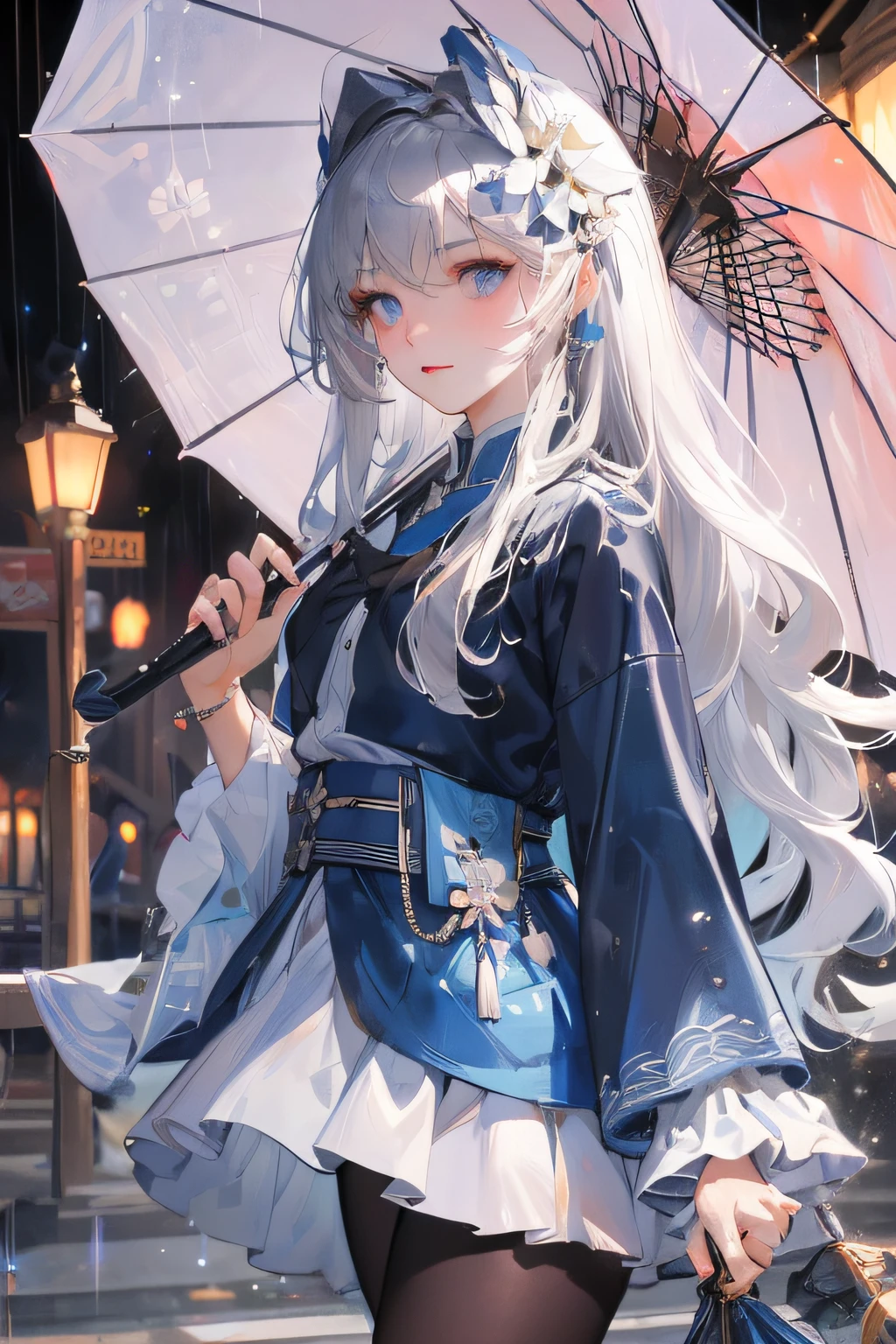 "Create a breathtaking masterpiece with the best quality and high resolution. Depict a single female character wielding a sword, surrounded by a soft glow and illuminated by lanterns. She has striking white hair, captivating blue eyes, and a distinct loil style"