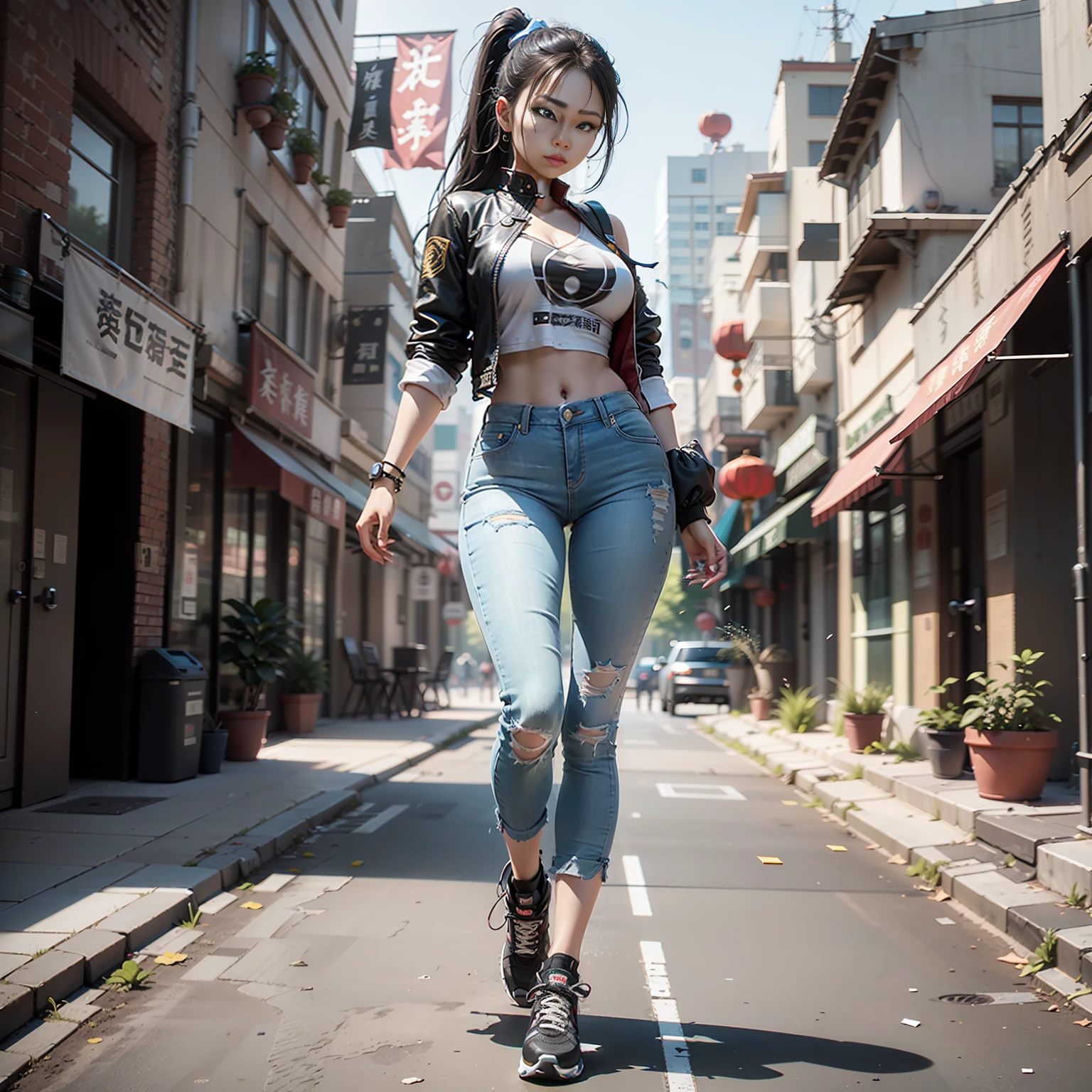 (Best Quality)), ((Masterpiece)), (Details:1.4), 3D,1 Girl, Full Body Image, Beautiful Chinese Woman Images , (Pants Style Casual Clothes), Cheongsam, Beautiful Black Hair Chun-Li Style Hairstyle, Chinese Kung Fu Girl, HL, Ray Tracing, NVIDIA RTX, Super Resolution, Unreal 5, Subsurface Scattering, PBR Texturing, Post-processing, Anisotropic filtering, Depth of field, Maximum clarity and sharpness, multi-layer textures, albedo and specular maps, surface shading, accurate simulation of light material interactions, slender perfect proportions, sharp eyeliner, (full body)), sharp focus, octane rendering, Two-tone lighting, large aperture, low ISO, white balance, rule of thirds, 8K RAW, circuit board AI, 4K, Chinese urban background,