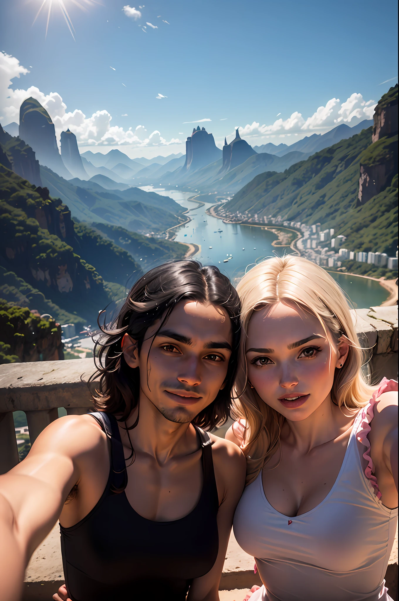 there is a man and woman taking a selfie together, rio de janeiro, with mountains in the background, with mountains in background, david rios ferreira, by Felipe Seade, by Nándor Katona, andrea rocha, malika favre, by Sam Dillemans, caroline gariba, with mountains as background, by Paulus Decker