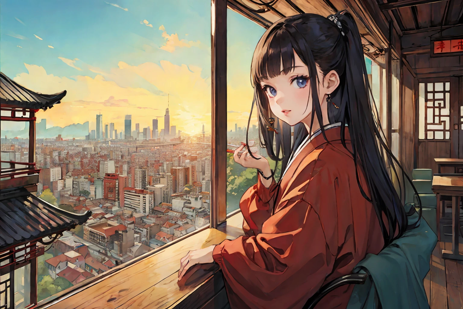 (best quality), girl,oriental detailed background, cityscape,