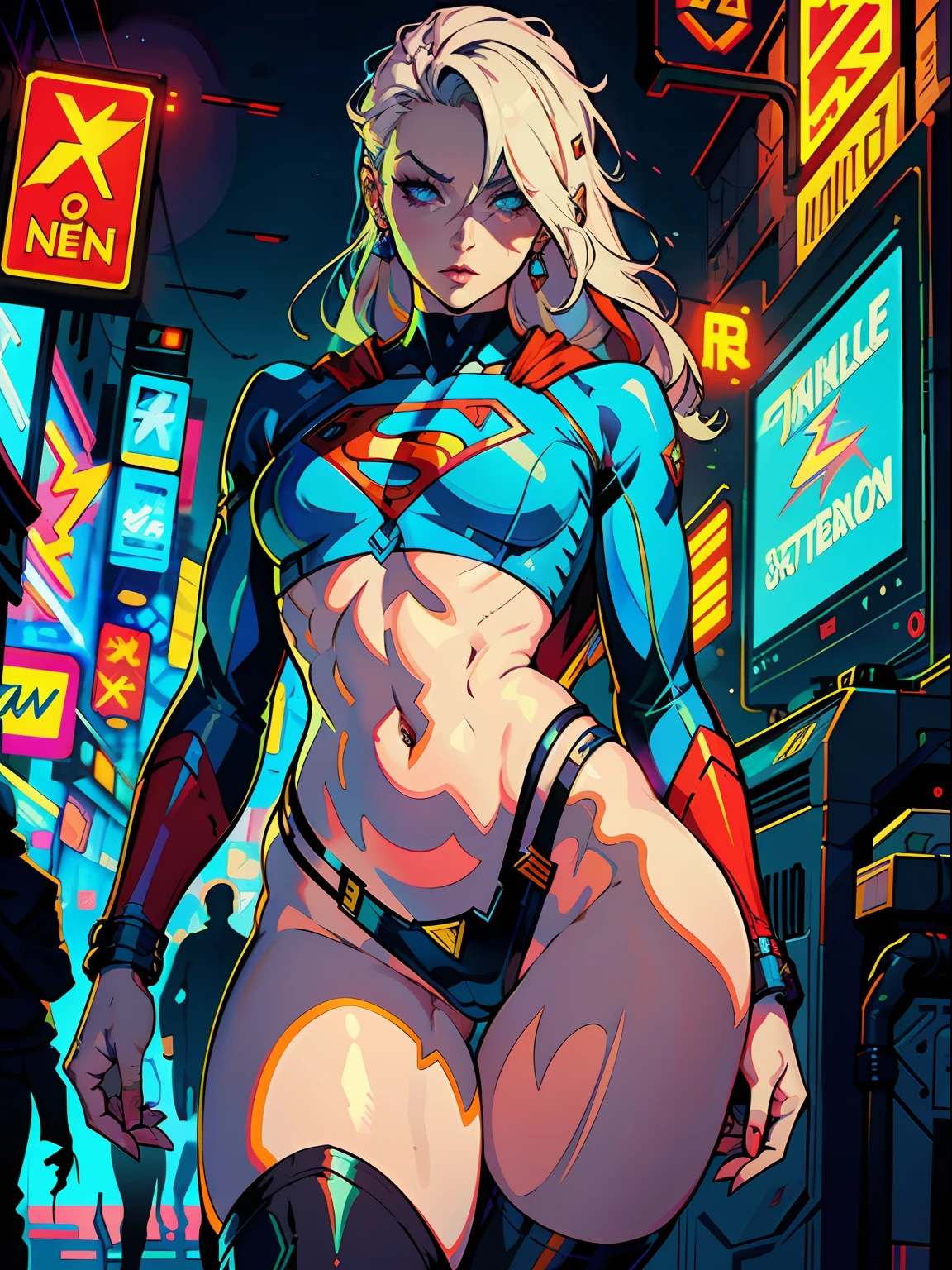 a digital painting of long-haired supergirl, cyberpunk art by Josan Gonzalez, winner of the behance contest, afrofuturism, synthwave, neon, shiny neon, thick thighs, thin waist, sensual, nsfw, little clothing, erotic art, anime, lightning coming out in one eye