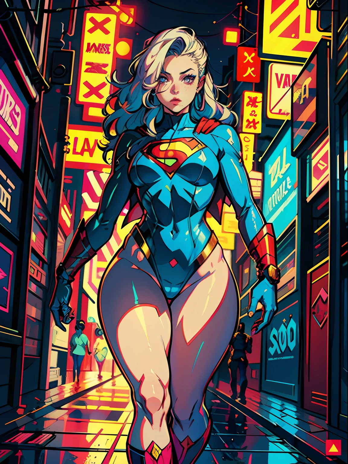 a digital painting of long-haired supergirl, cyberpunk art by Josan Gonzalez, winner of the behance contest, afrofuturism, synthwave, neon, shiny neon, thick thighs, thin waist, sensual, nsfw, little clothing, erotic art, anime, lightning coming out in one eye