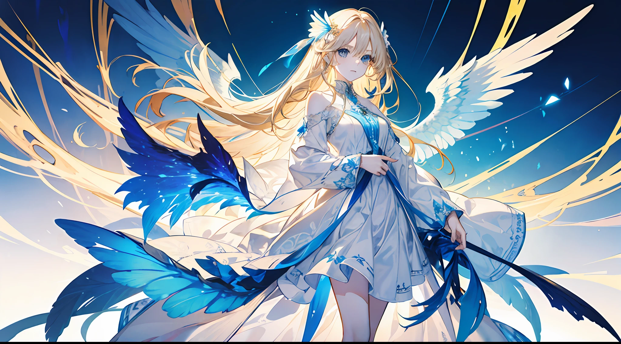 16k, a little girl, beautiful, otherworldly, elegant, blue eyes, full body, long blonde hair, simple dress, white and blue long dress, extreme details, golden streamer surrounding, angel descending, magic array, (three pairs of huge wings), masterpiece, concept art, hands open, facial details presented, upper body, side view