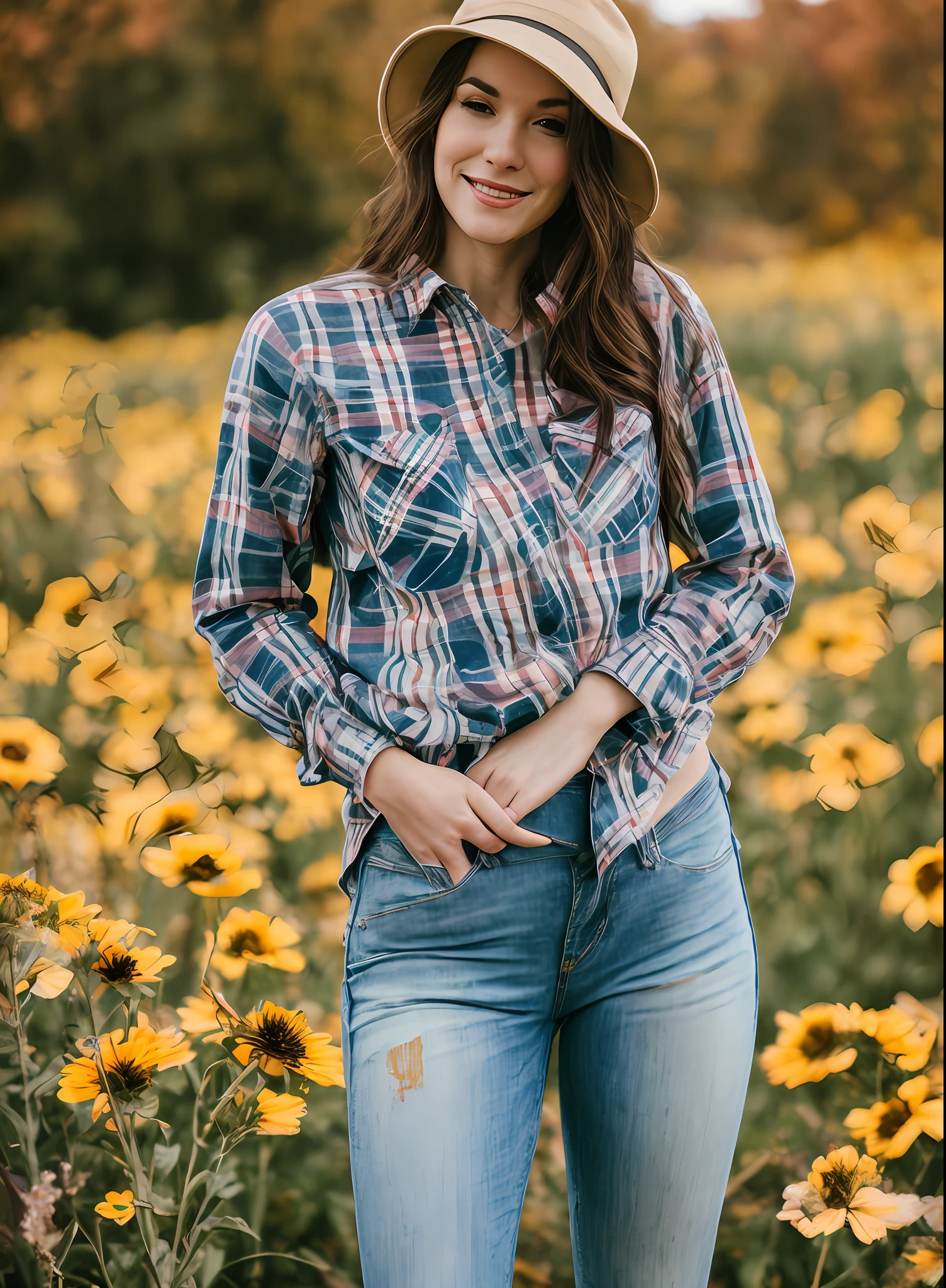 Close-up portrait, professional photo, natural lighting front, full body, front viewer, open mouth, beautiful skinny woman jeans, plaid shirt, boot, standing outside during autumn, sun, flowers, hat