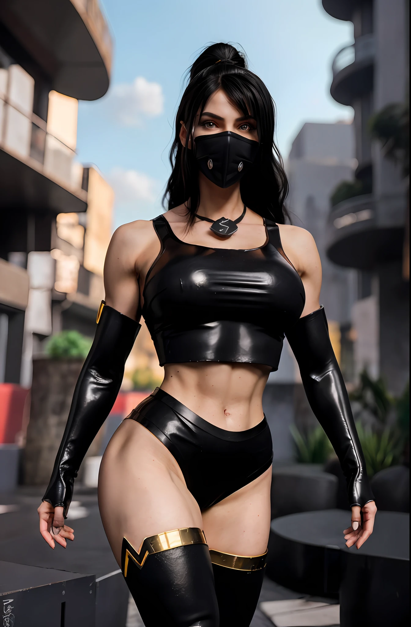 ultra realistic 8k, (futuristic:, futuristic city, futuristic era, mechanical, fantasy), (((detailed background))) ultra realistic Italian woman 8k, (futuristic:, futuristic city, futuristic era), (((detailed background))) Italian woman white skin (facing the camera), short curly black hair smooth bangs, fresh muscle model, amazing incredibly beautiful, standing, photogtafia 50mm, soft curves, gigantic ass, wide hips, fleshy lips and angelic face, Perfect, ultra realistic, futuristic Viking armor ABS with futuristic cyberpunk mask (facing the camera)