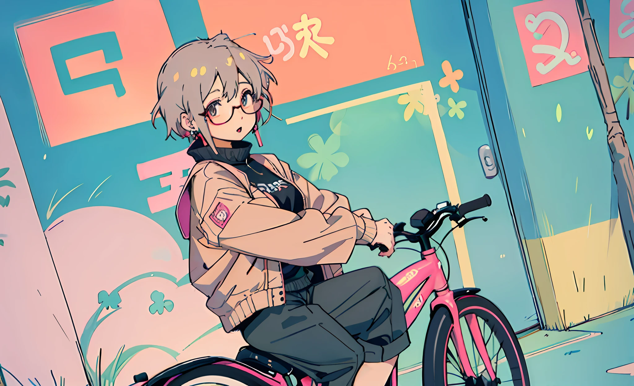 anime girl with short brown hair wearing funky glasses, shes wearing cargo pants a big jacket and a pink undershirt she has earrings, she is very short, she is riding a bike , anime cute girl, moe artstyle