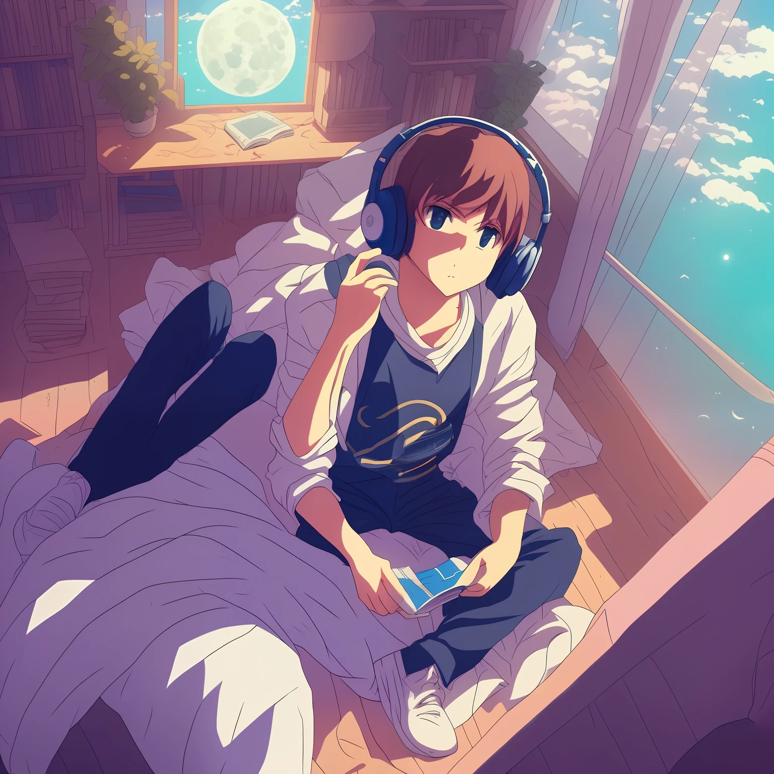 lo-fi, anime style boy in bedroom, lying on bed with headphone and reading a book, bedroom window shows moon. --auto --s2