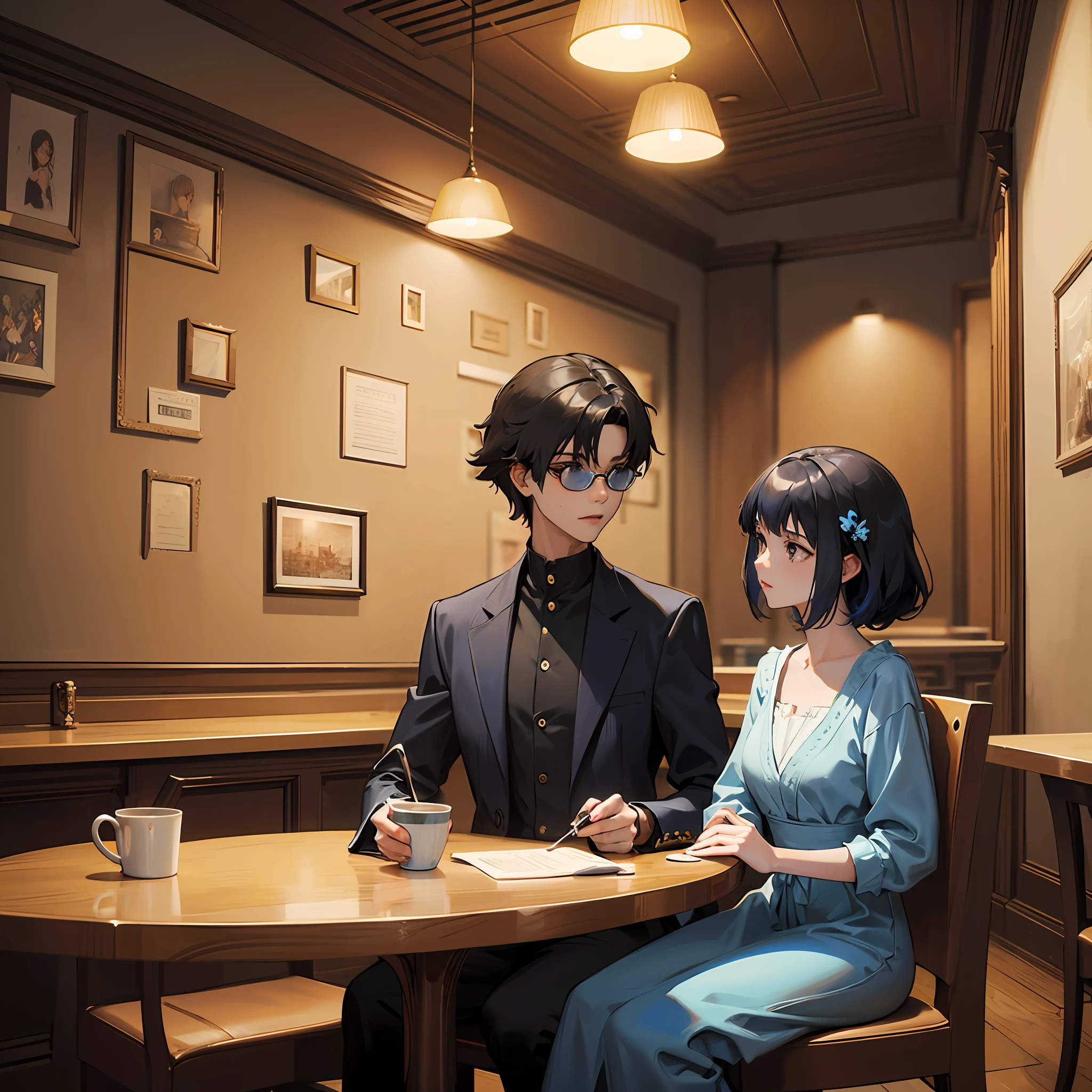 Cute girl in blue dress black hair black wayfarer glasses sitting psychedelic patterns inside cafe drinking coffee with background by greg rutkowski makoto shinkai kyoto animation key art feminine mid shot --auto