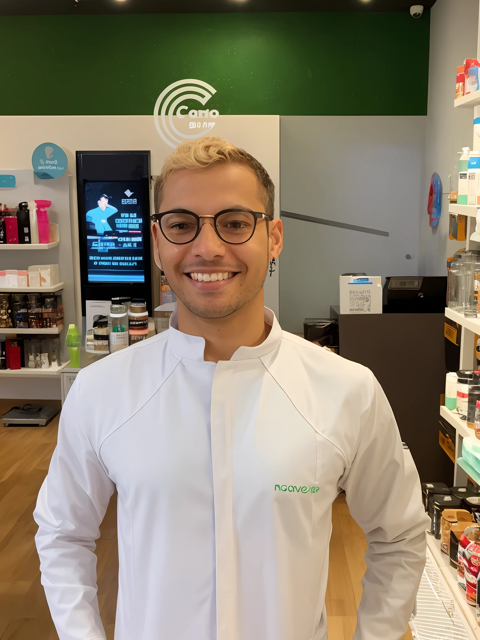 smiling man in white shirt and glasses standing in a store, icaro carvalho, caio santos, foxish guy in a lab coat, wearing lab coat and glasses, daniel mirante, malika favre, henrique alvim corrêa, mickael lelièvre, ronaldo nazario, esteban maroto, nekro borja