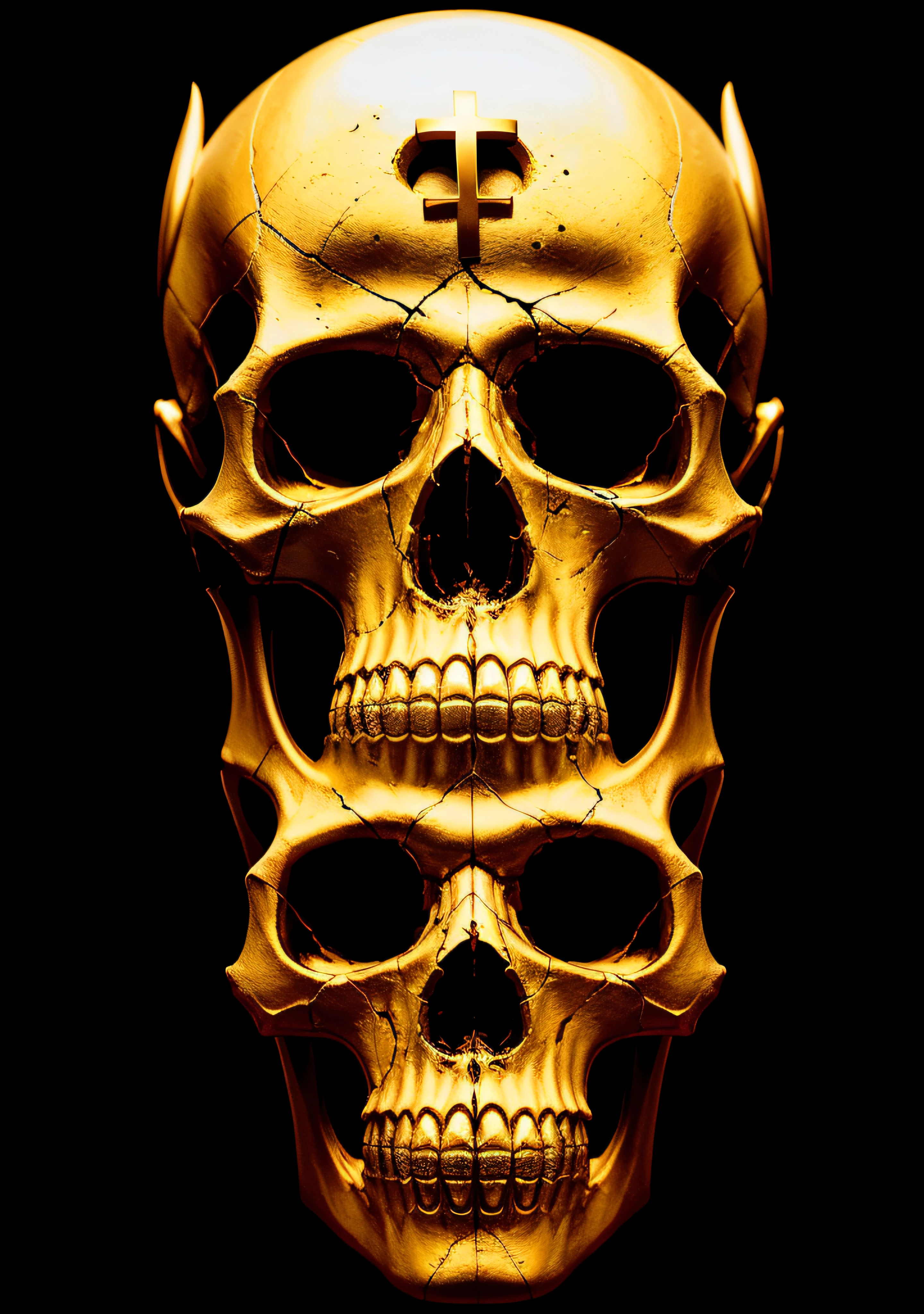 there is a gold skull with a cross on it, gold skulls, sacred skull, morphing skulls, by Aleksander Kotsis, sacred skulls, by Aleksander Gierymski, skulls, skeleton face symmetrical face, skull design for a rock band, by Andrei Kolkoutine, gold and black metal, by derek zabrocki --auto
